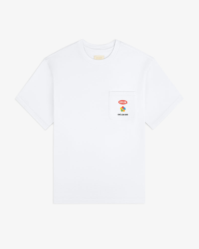 Krylon Pocket Tee: White short-sleeve shirt with small red and yellow graphic and text on the left chest pocket.