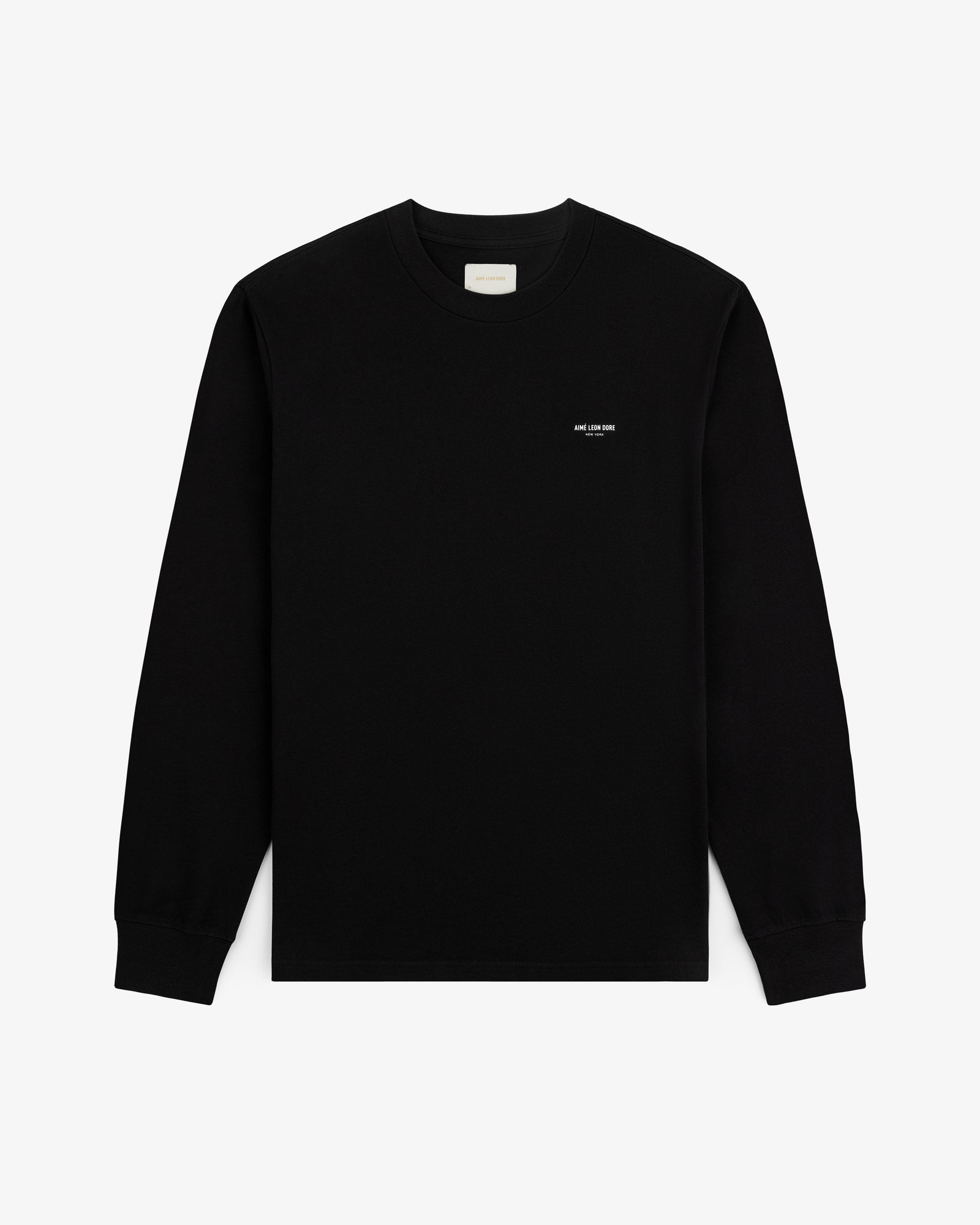 Long-Sleeve Micro Logo Tee in black with small white text on left chest, shown on a white background.