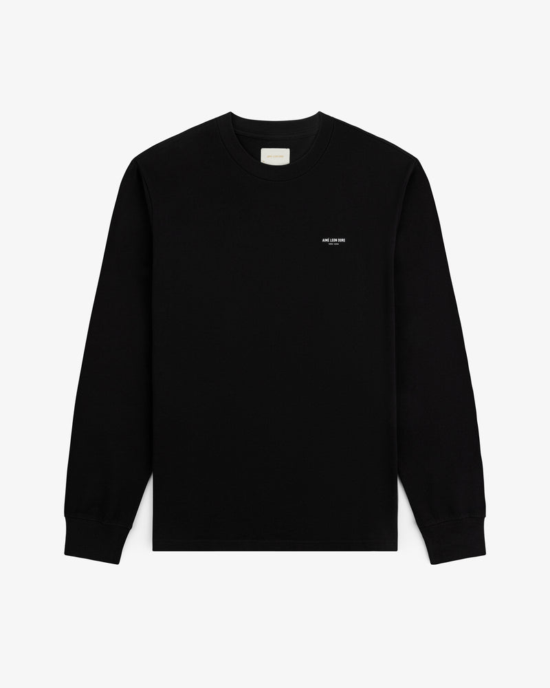 Long-Sleeve Micro Logo Tee in black with small white text on left chest, shown on a white background.