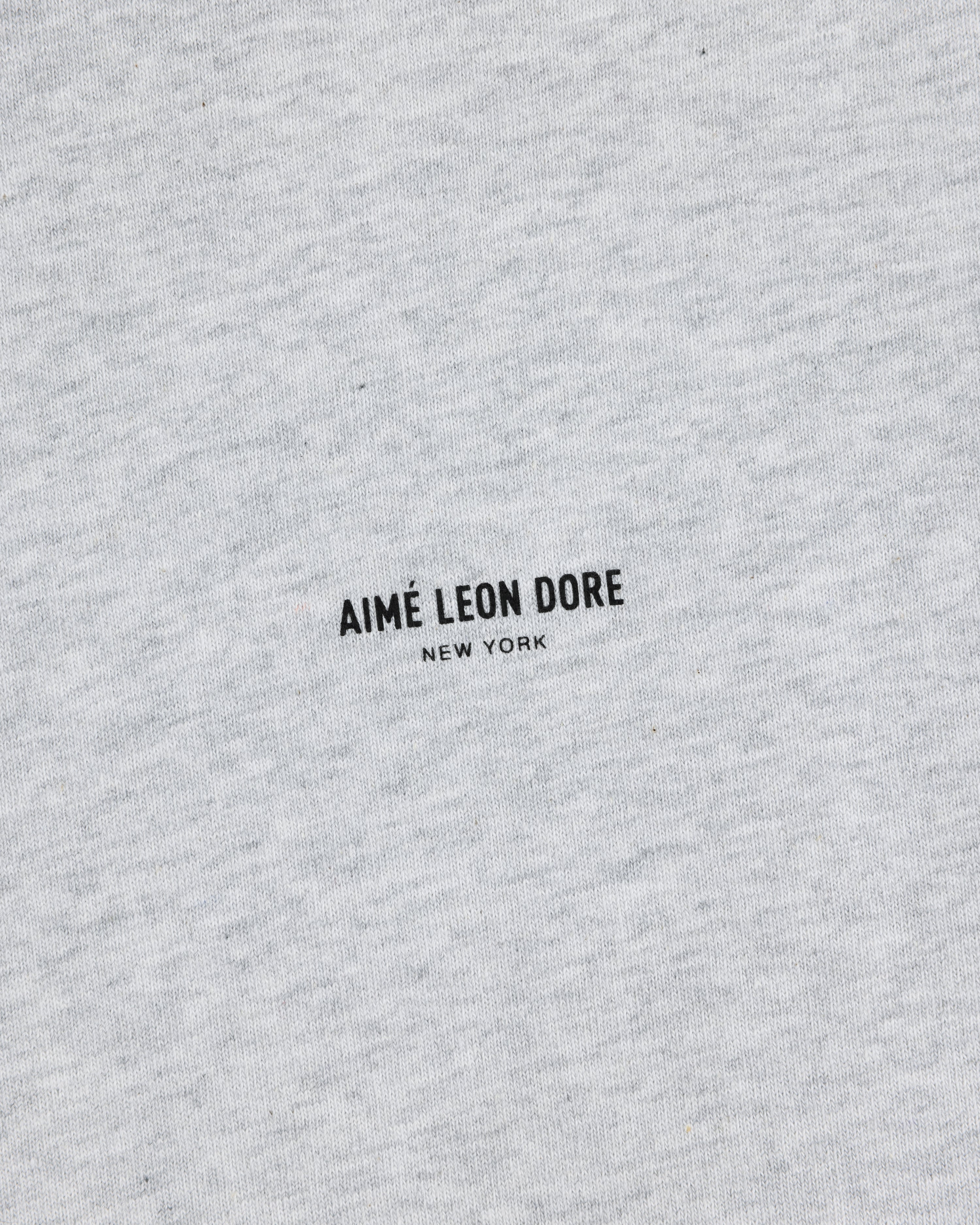 Close-up of a heather gray Long-Sleeve Micro Logo Tee with AIMÉ LEON DORE NEW YORK printed in small black text.