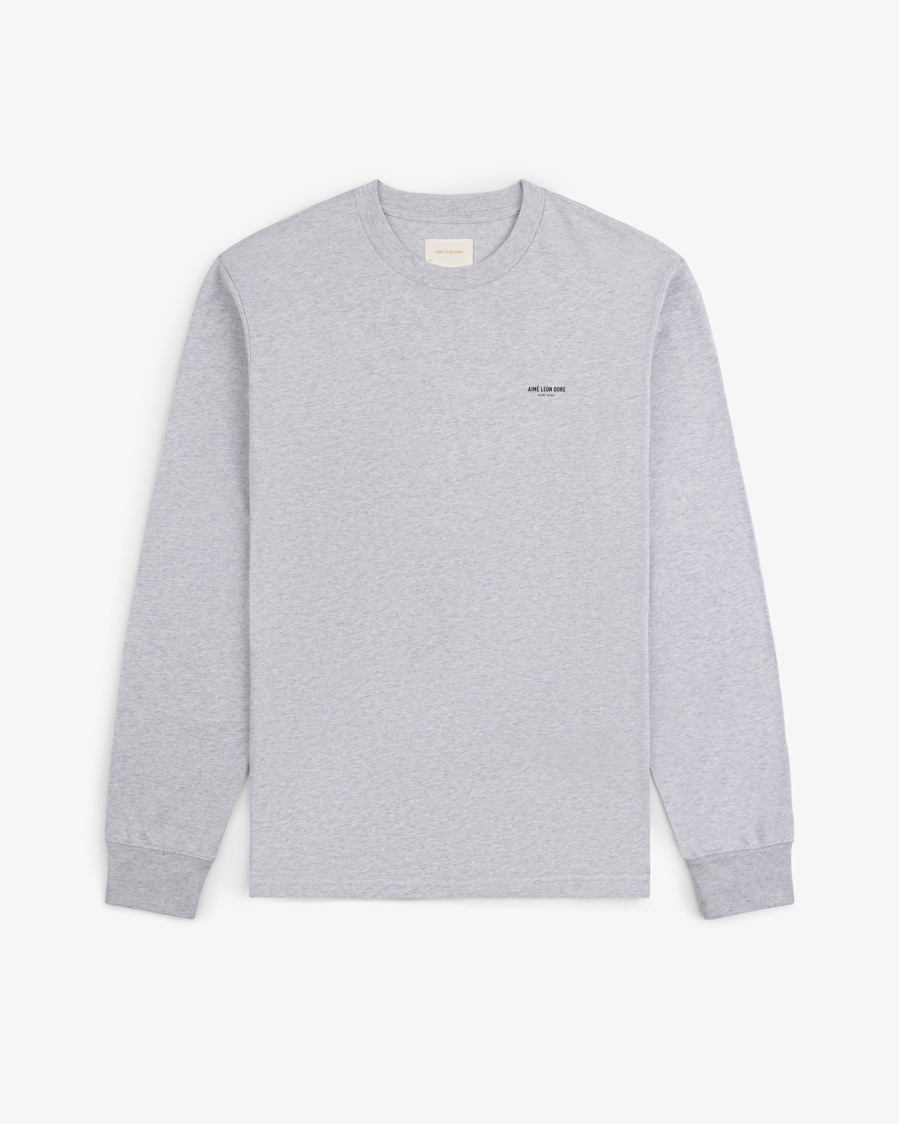 Long-Sleeve Micro Logo Tee in light gray with a small black chest logo, shown on a white background.