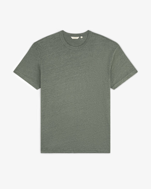 A gray-green Linen Tee with short sleeves and a crew neck is laid flat on a white background.