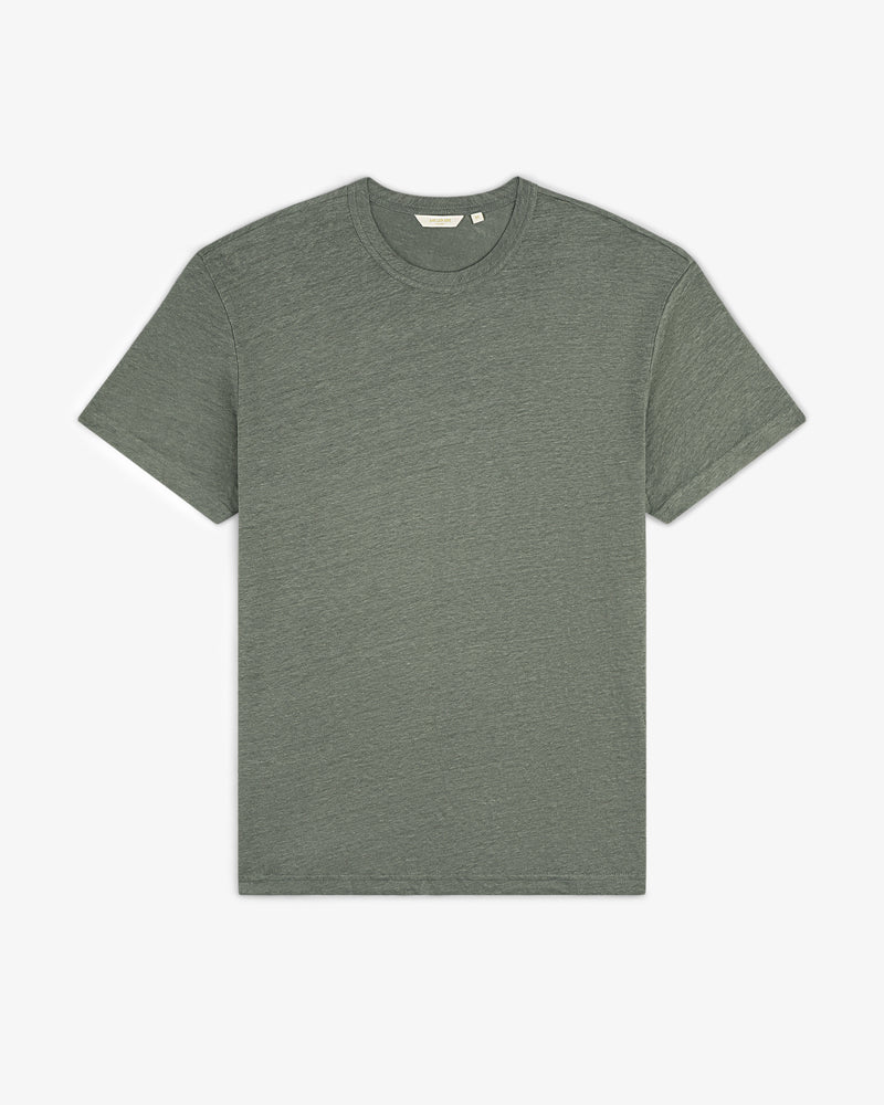 A gray-green Linen Tee with short sleeves and a crew neck is laid flat on a white background.