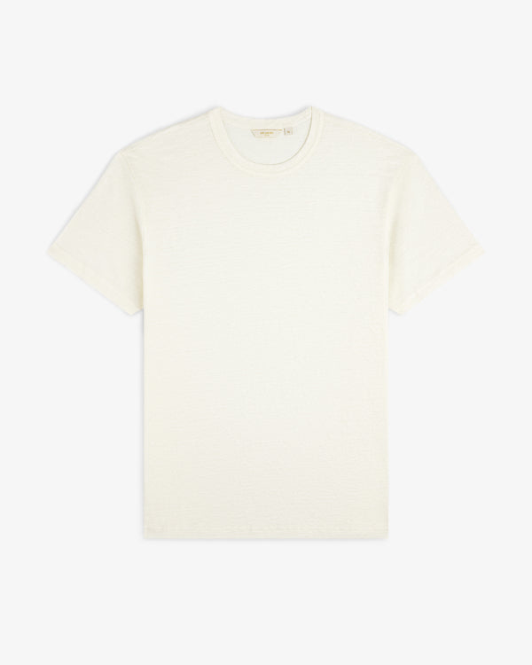 Linen Tee, short-sleeve crew neck, plain white, shown laid flat on a white background.