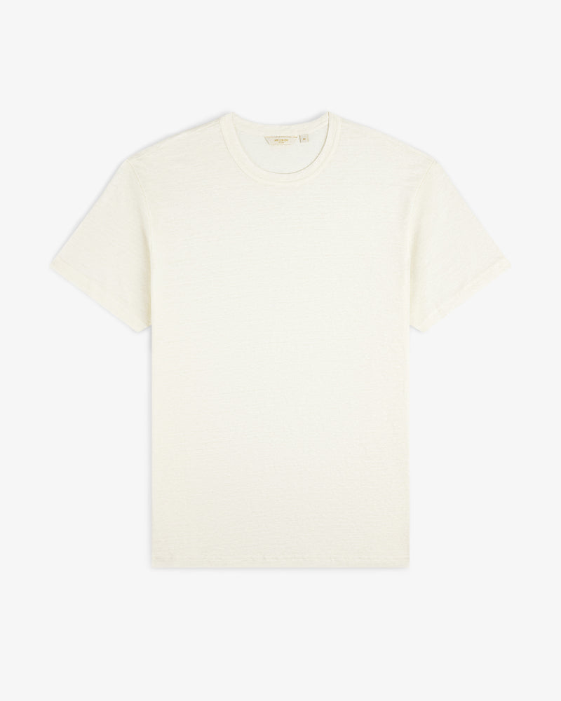 Linen Tee, short-sleeve crew neck, plain white, shown laid flat on a white background.