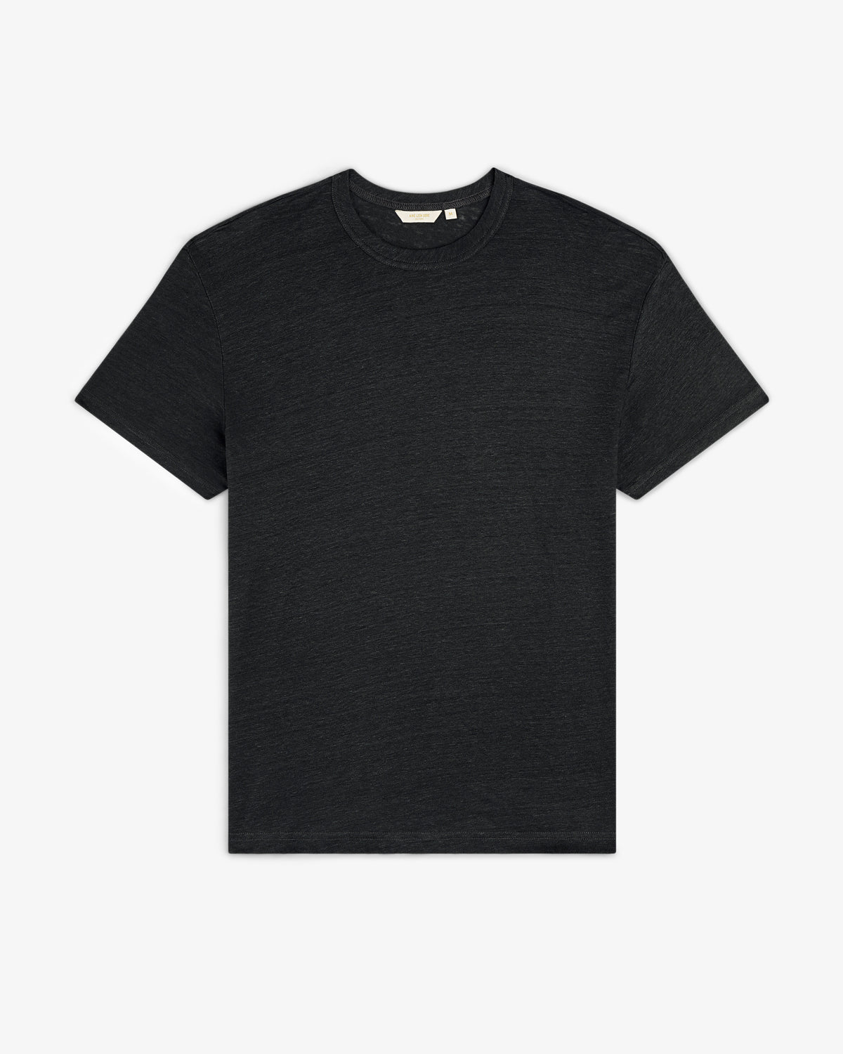 Linen Tee: plain black short-sleeve crew neck t-shirt laid flat on a white background.
