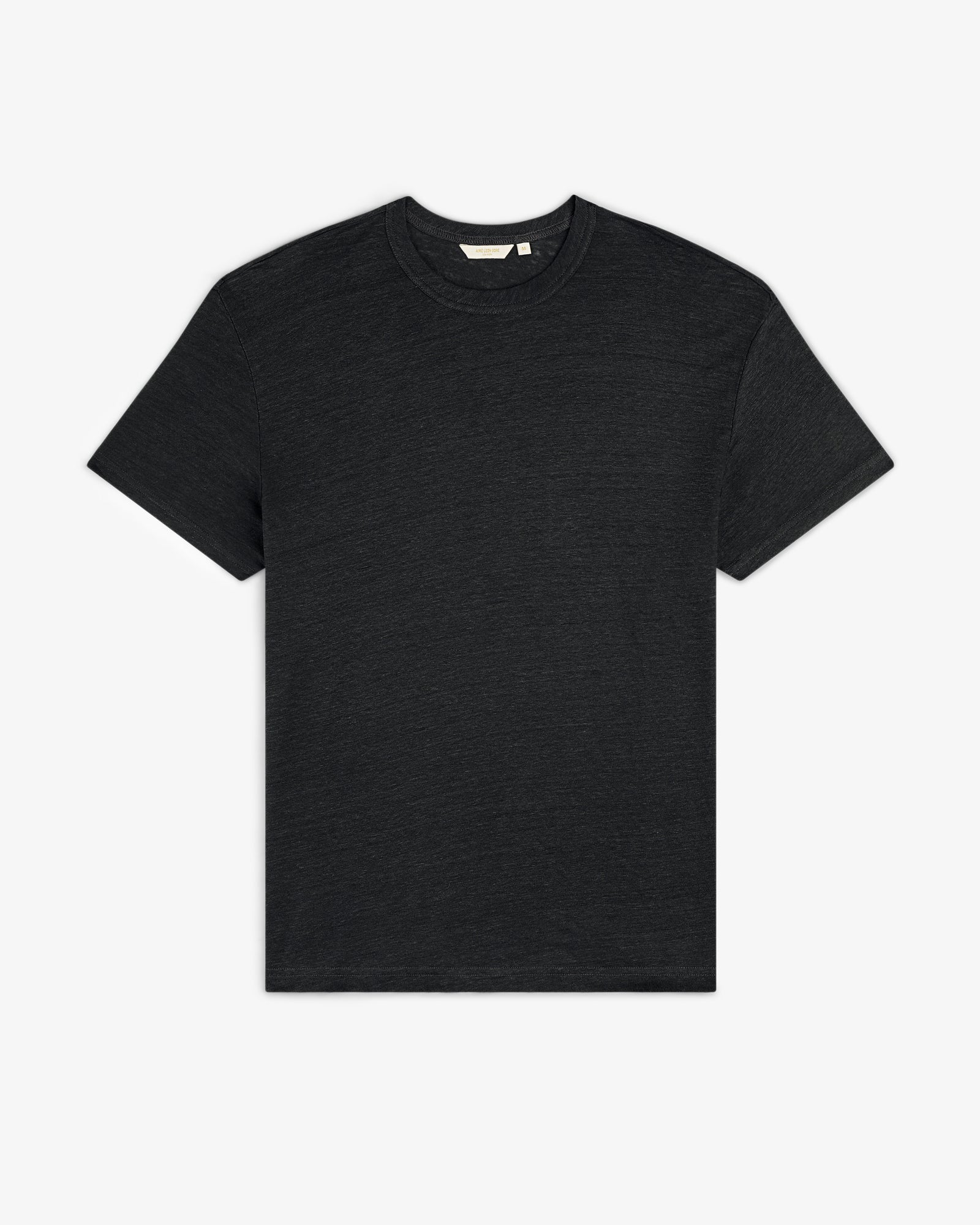 Linen Tee: plain black short-sleeve crew neck t-shirt laid flat on a white background.