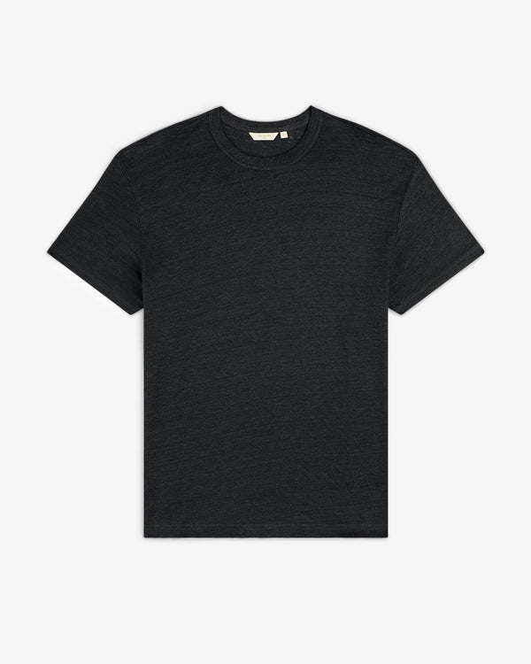 Linen Tee: plain black short-sleeve crew neck t-shirt laid flat on a white background.