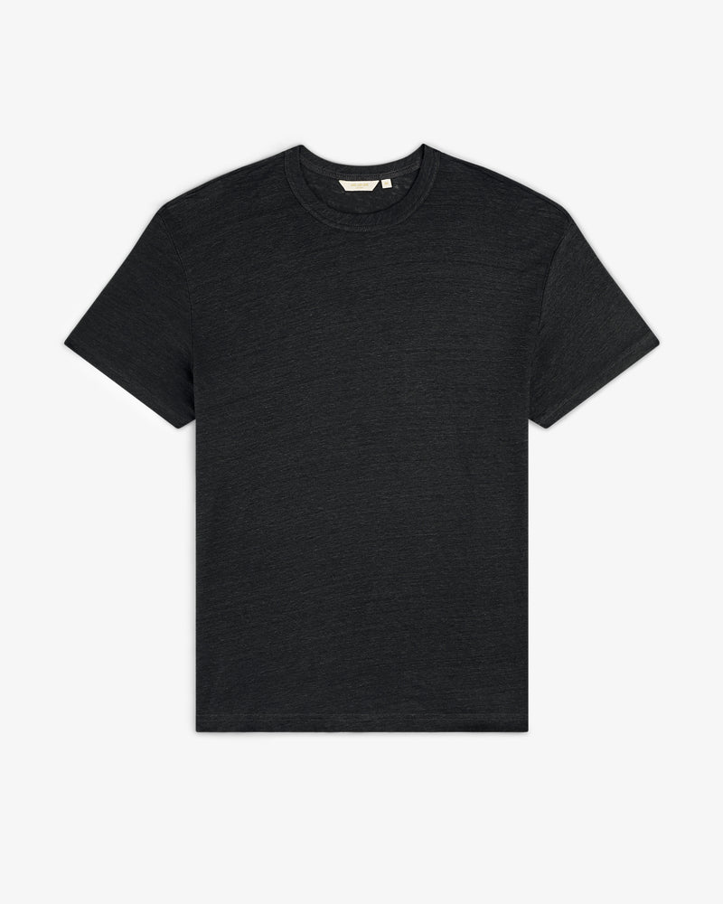 Linen Tee: plain black short-sleeve crew neck t-shirt laid flat on a white background.
