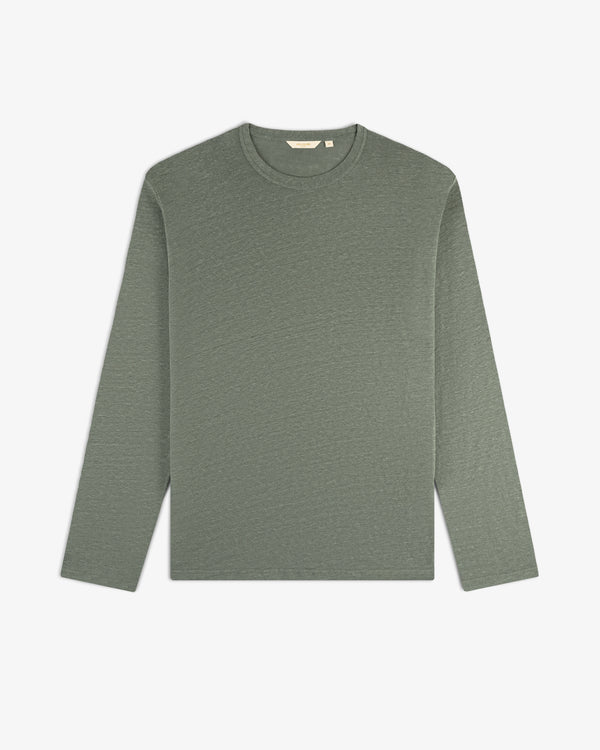 Long-Sleeve Linen Tee in muted green, crew neck style, displayed flat on a white background.