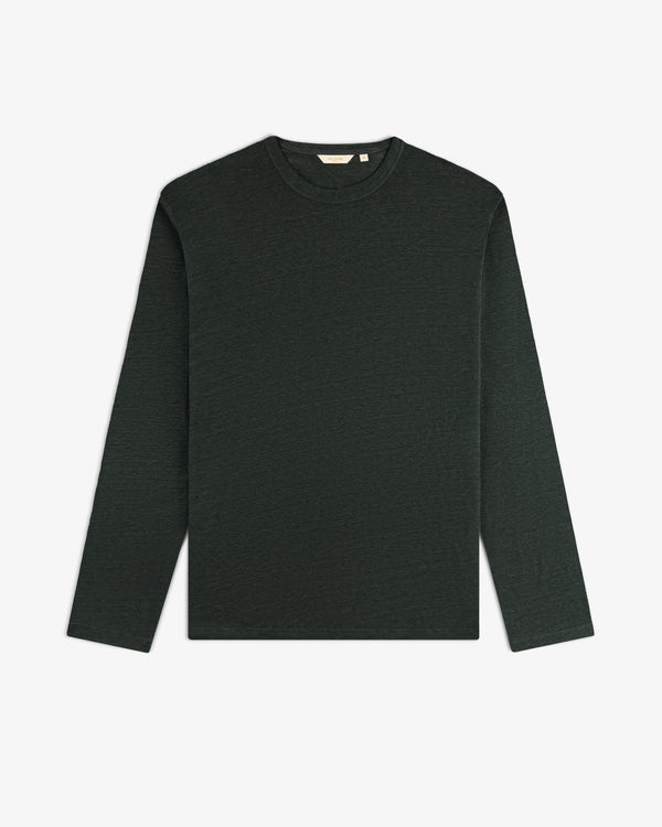 Long-Sleeve Linen Tee in dark green, laid flat on a white background.