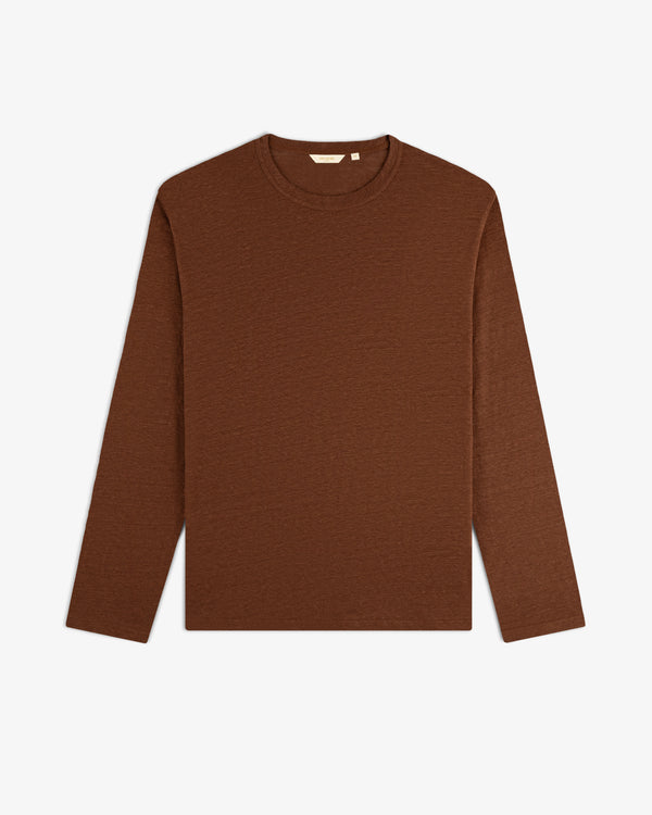 Long-Sleeve Linen Tee in brown, crew neck style, shown laid flat on a white background.