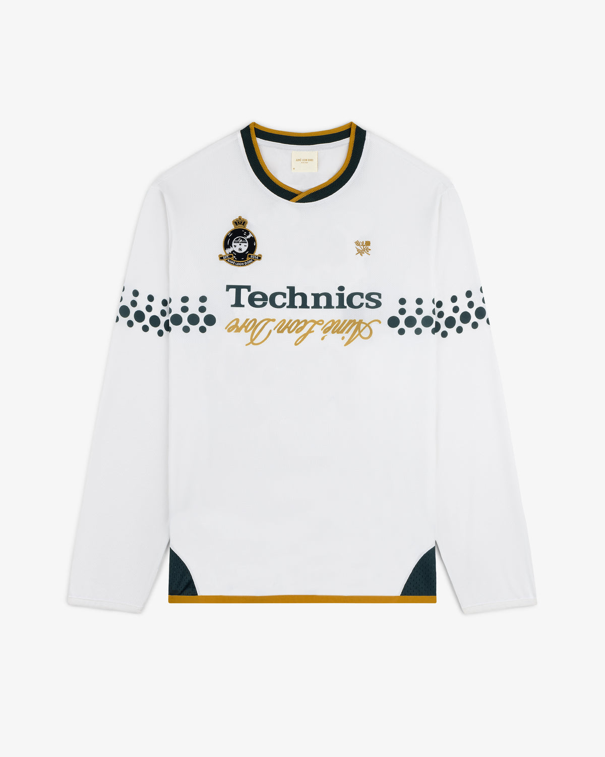 ALD / Technics Soccer Jersey: white long-sleeve with black, gold, green accents, Technics text, and dotted chest design.