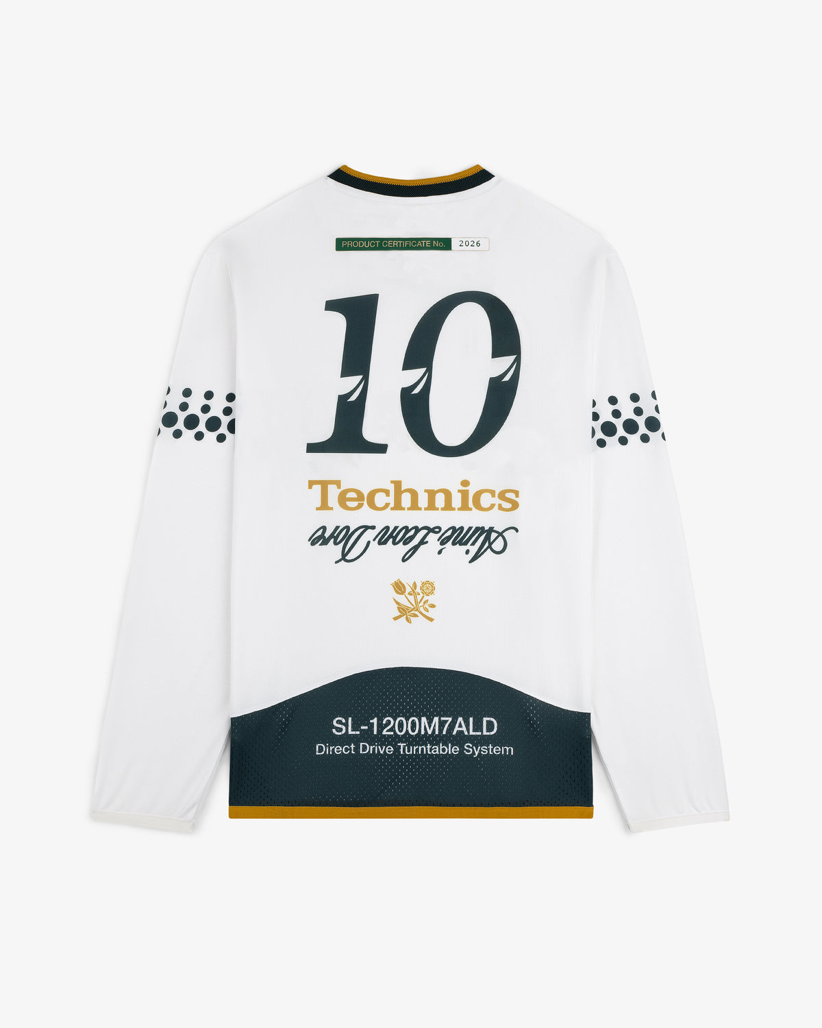 ALD / Technics Soccer Jersey: White long-sleeve, SL-1200M7ALD text, black sleeve dots, yellow trim.