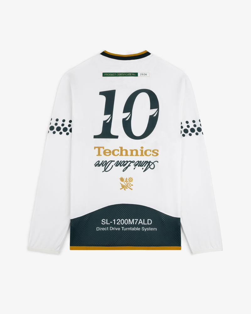 ALD / Technics Soccer Jersey: White long-sleeve, SL-1200M7ALD text, black sleeve dots, yellow trim.