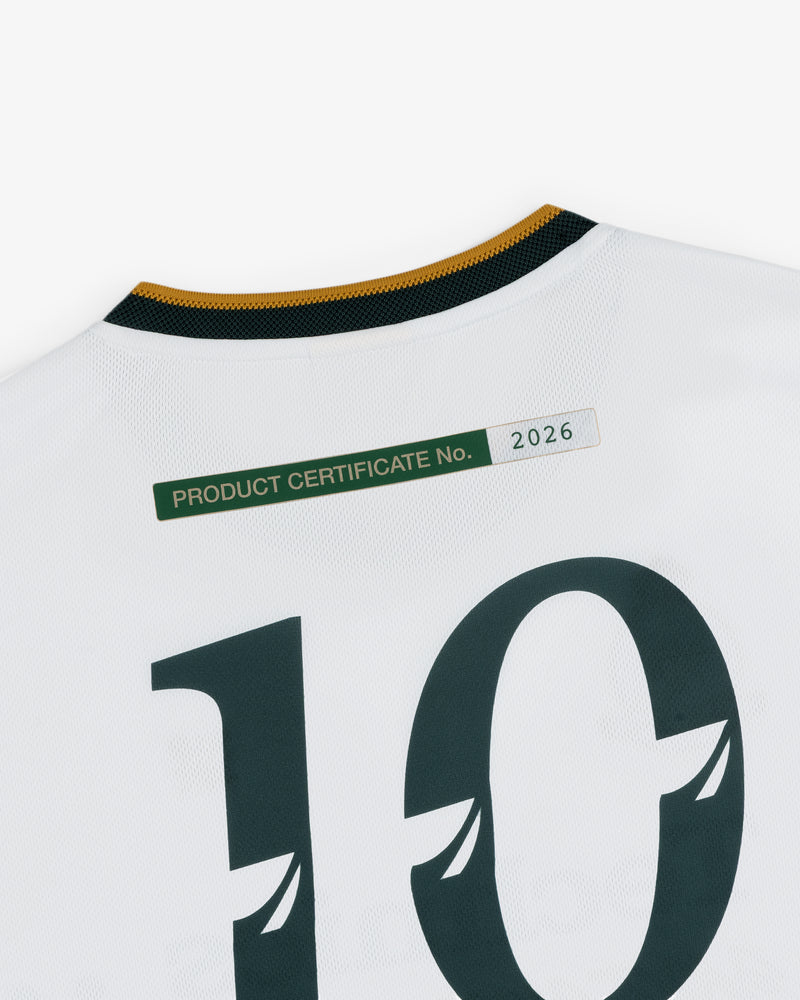 Back of ALD / Technics Soccer Jersey with large black number 10 and Product Certificate No. 2026 label.