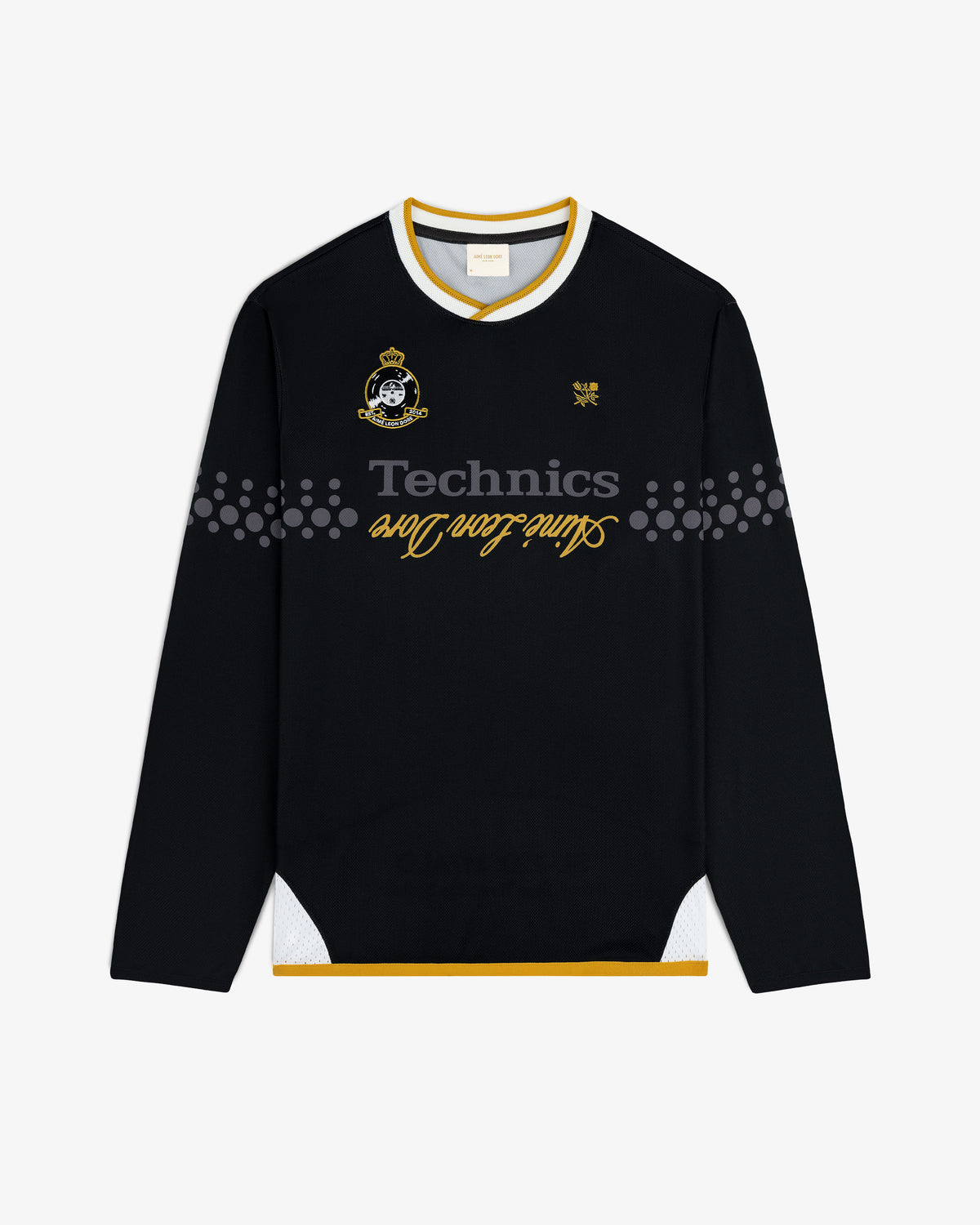 ALD / Technics Soccer Jersey: Black long-sleeve with gold and white trim, logo, and chest/shoulder graphics.