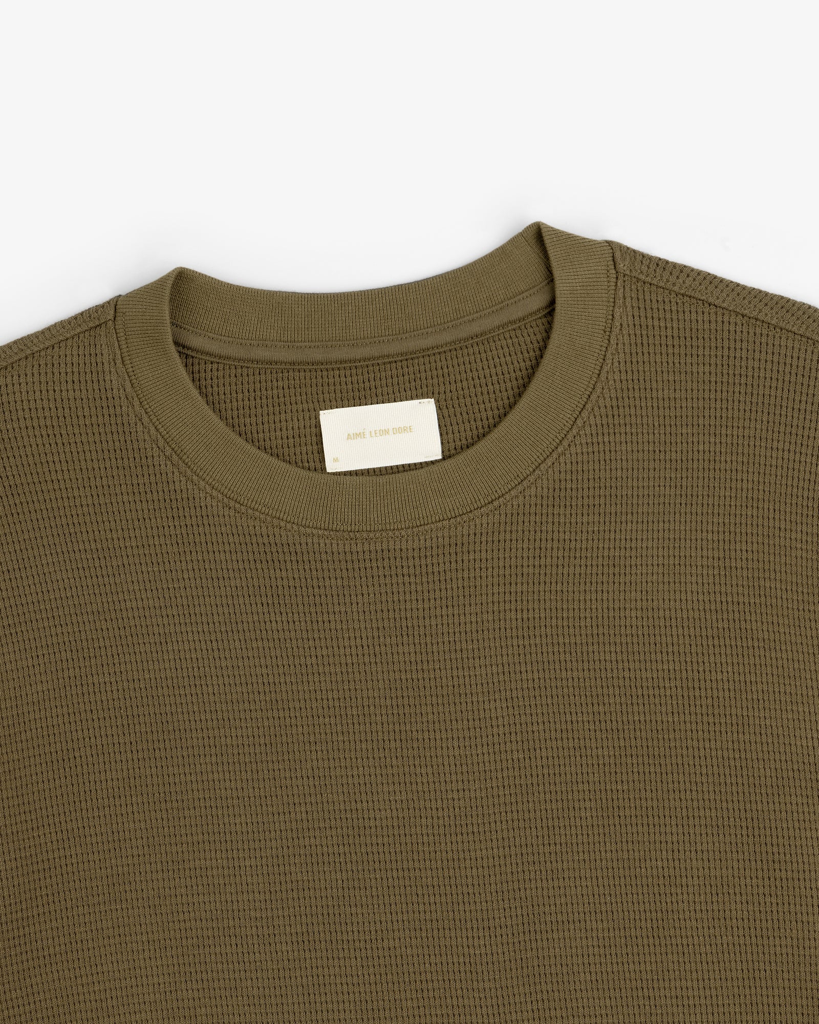 Olive green Long-Sleeve Waffle Thermal with a crewneck and visible neck label, laid flat on white background.