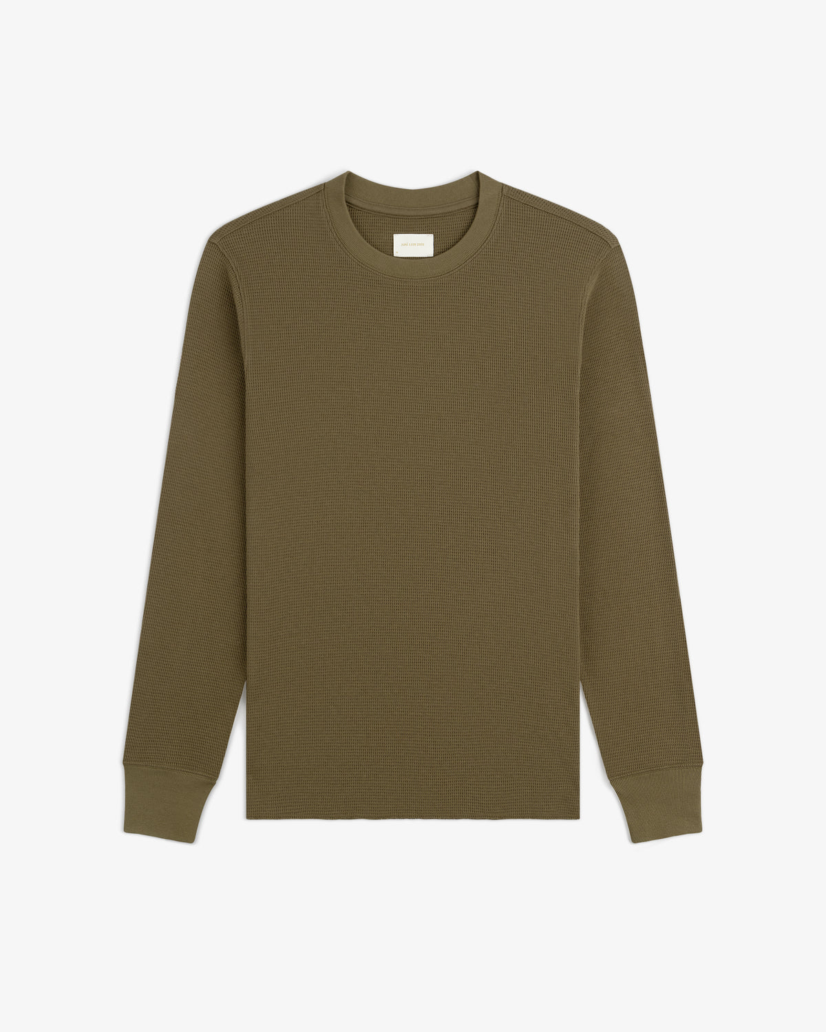 Olive green Long-Sleeve Waffle Thermal with ribbed cuffs, laid flat on a white background.