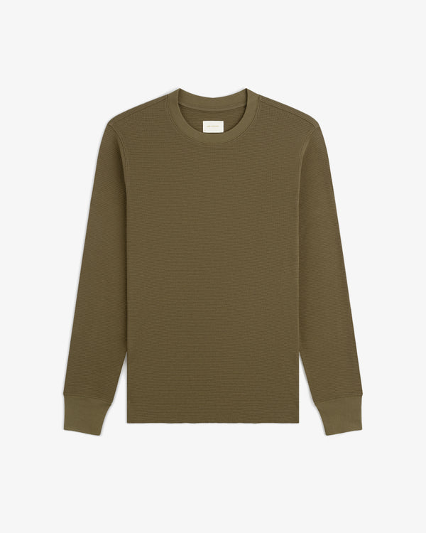 Olive green Long-Sleeve Waffle Thermal with ribbed cuffs, laid flat on a white background.