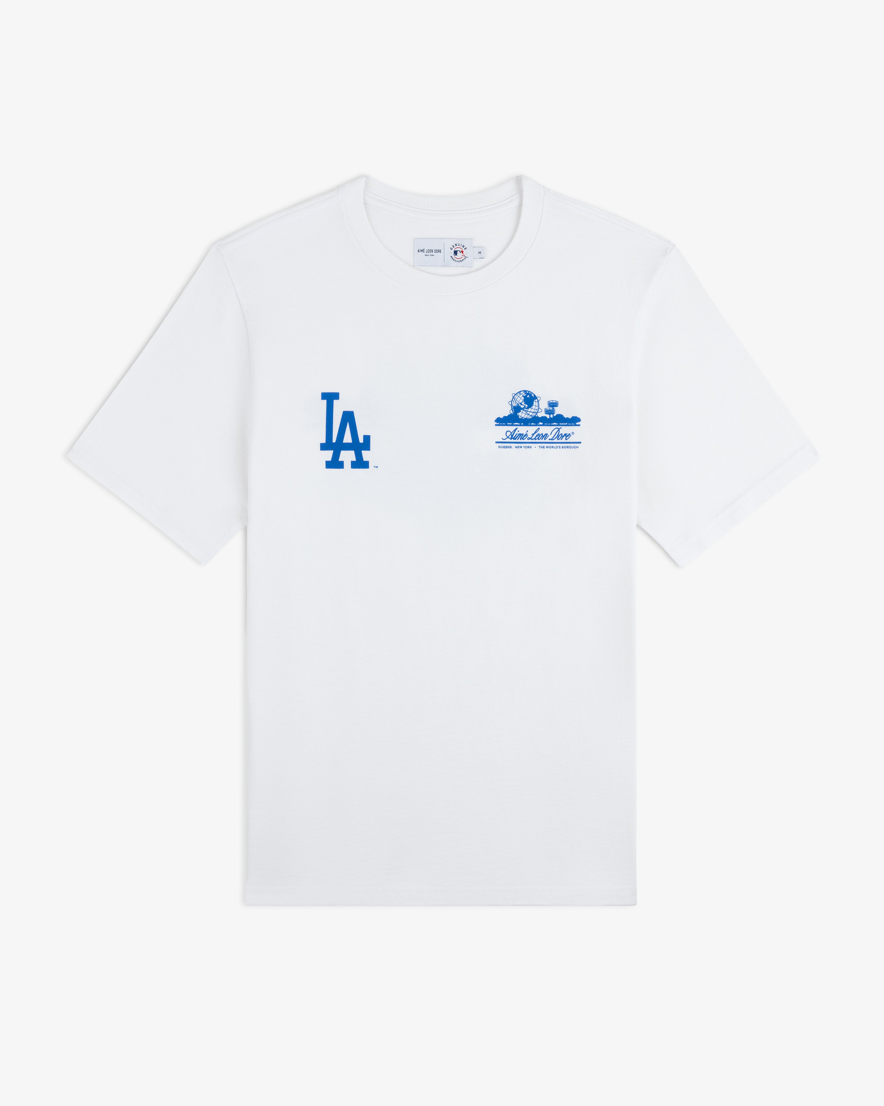 ALD / LA Dodgers Unisphere Tee: White T-shirt with blue LA logo and small blue text graphic on front.