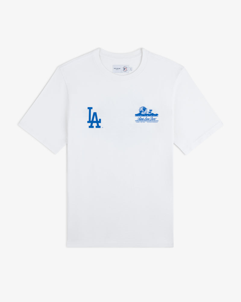 ALD / LA Dodgers Unisphere Tee: White T-shirt with blue LA logo and small blue text graphic on front.