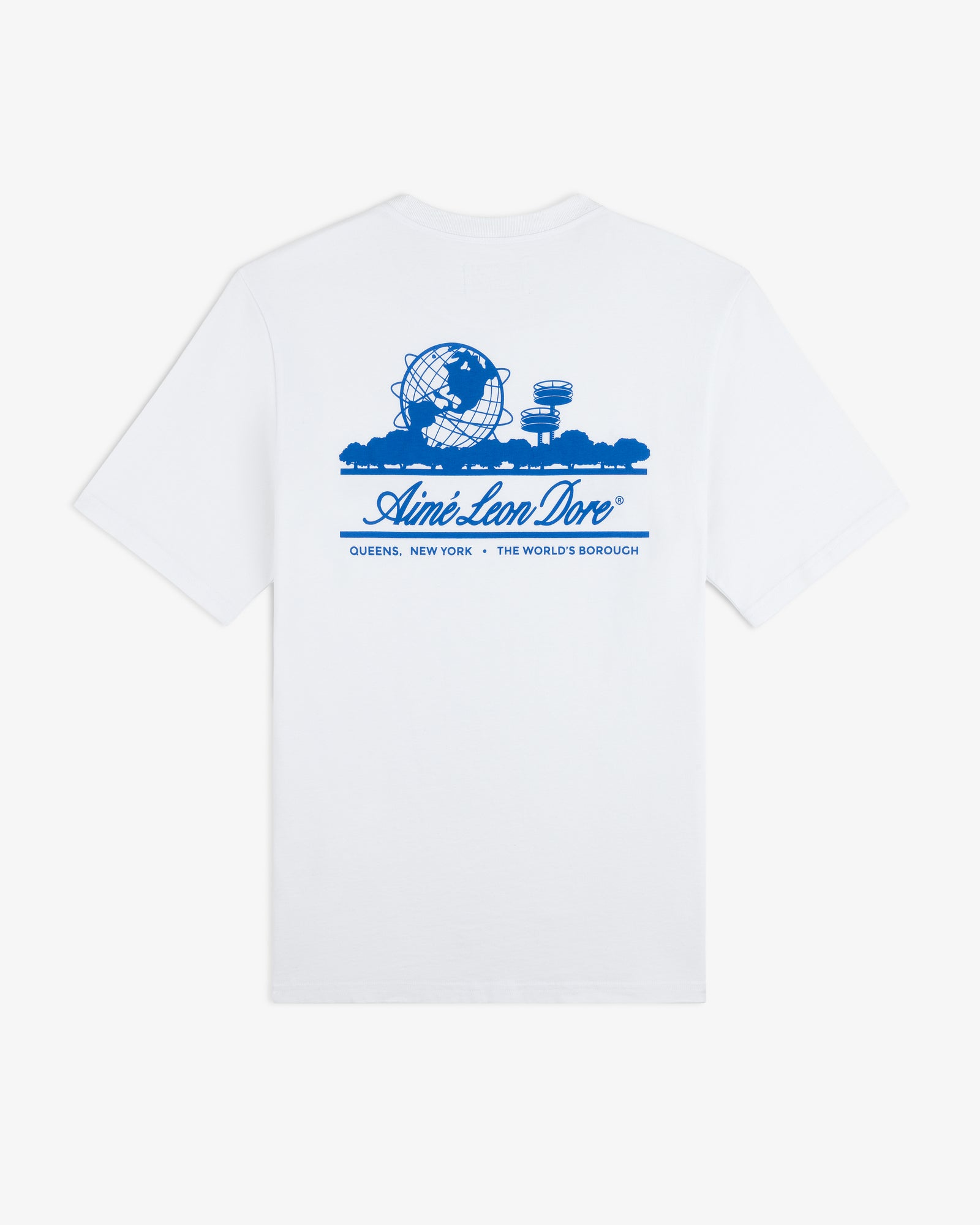 White ALD / LA Dodgers Unisphere Tee with blue Queens landmarks and "The Worlds Borough" graphic.