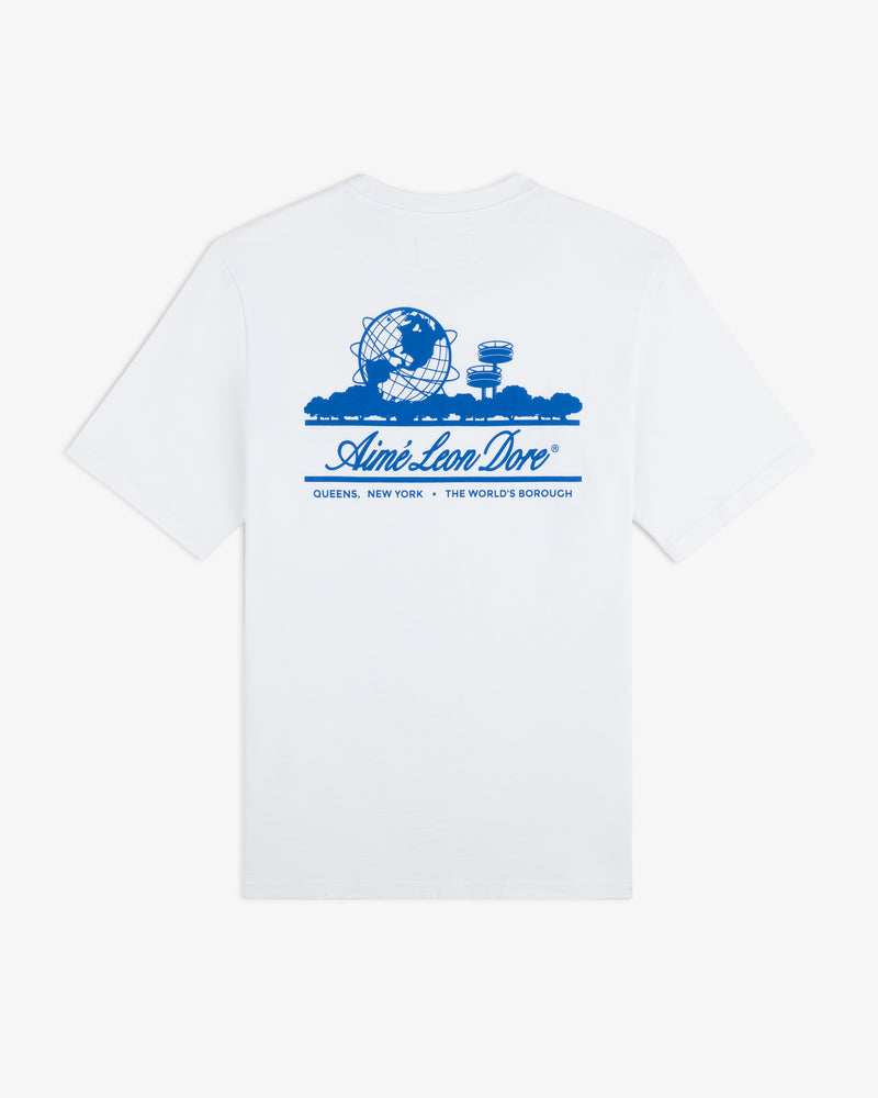 White ALD / LA Dodgers Unisphere Tee with blue Queens landmarks and "The Worlds Borough" graphic.