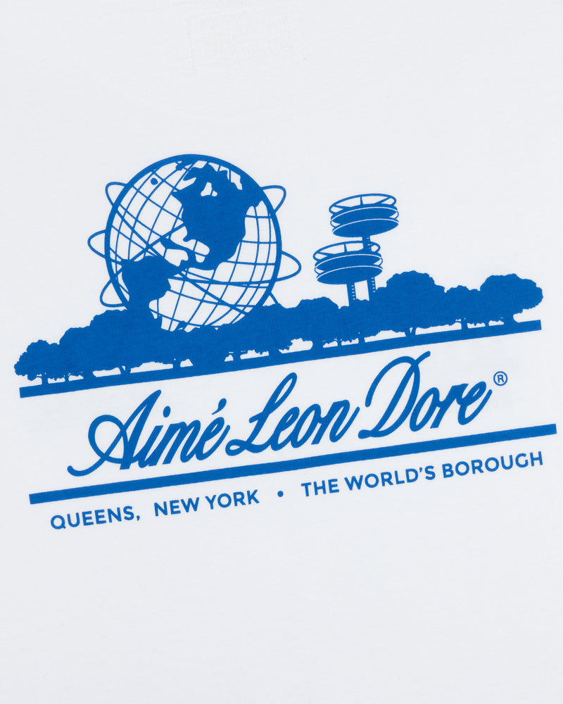 Blue ALD / LA Dodgers Unisphere Tee featuring a globe, towers, trees, and "Queen's New York • The World's Borough.