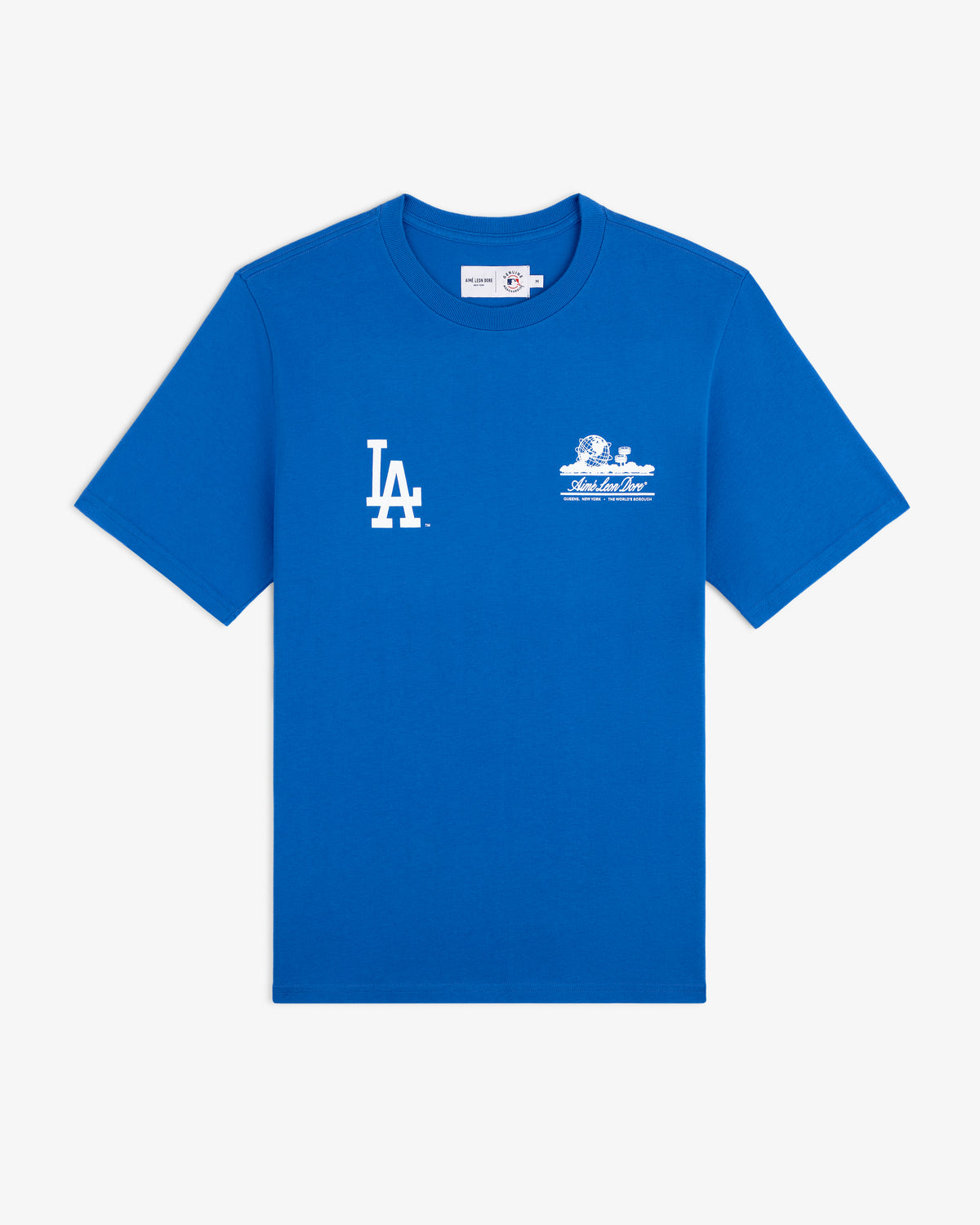 ALD / LA Dodgers Unisphere Tee in bright blue with white LA and graphic logos, shown flat on white background.