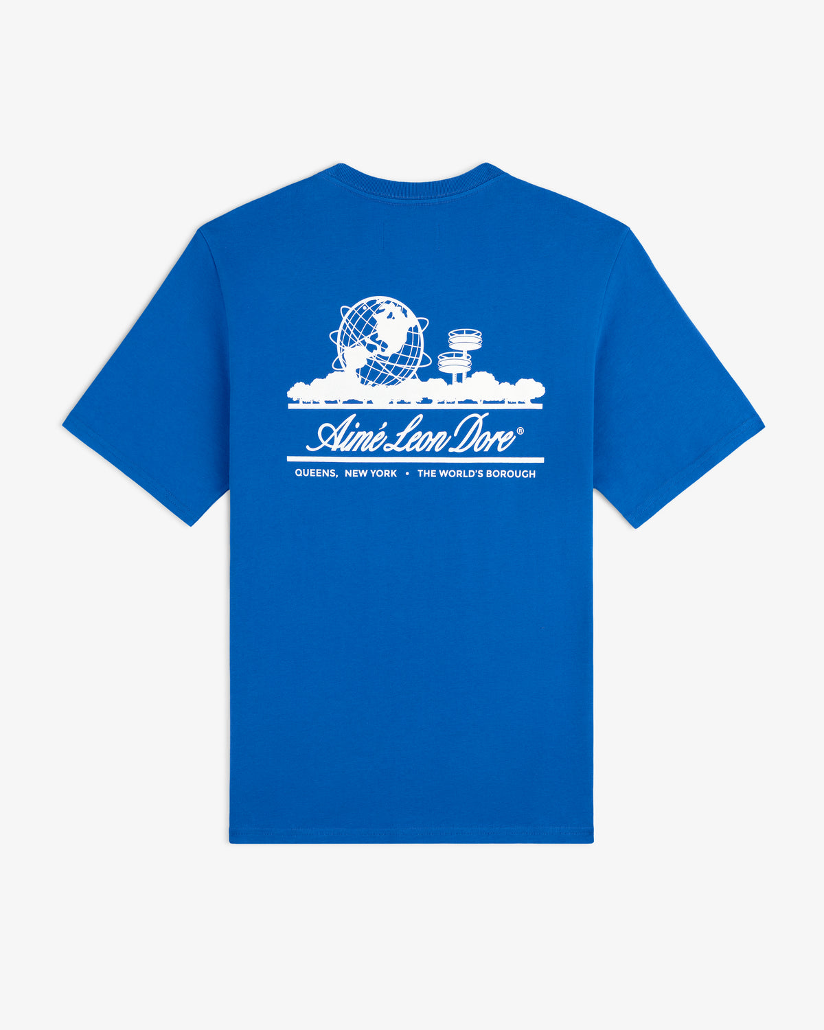 ALD / LA Dodgers Unisphere Tee: Blue tee with white Unisphere, buildings, and Aimé Leon Dore text on the back.