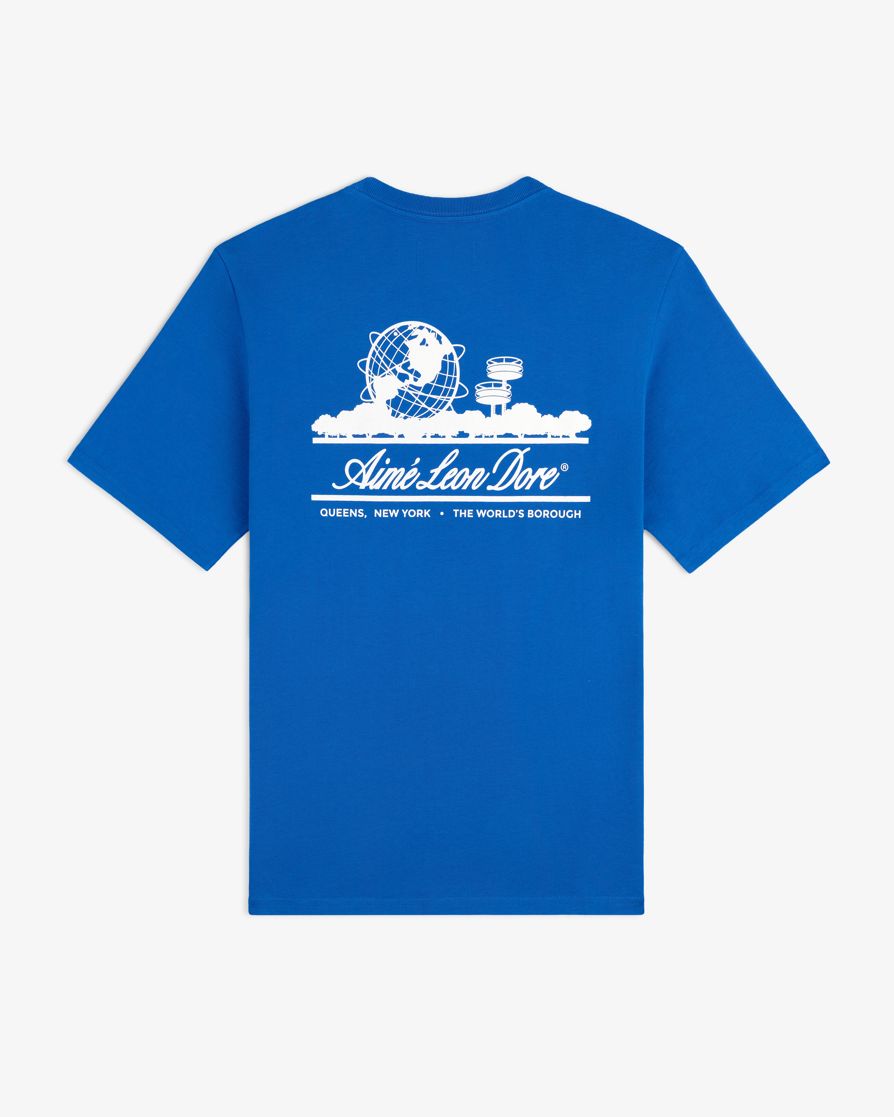 ALD / LA Dodgers Unisphere Tee: Blue tee with white Unisphere, buildings, and Aimé Leon Dore text on the back.