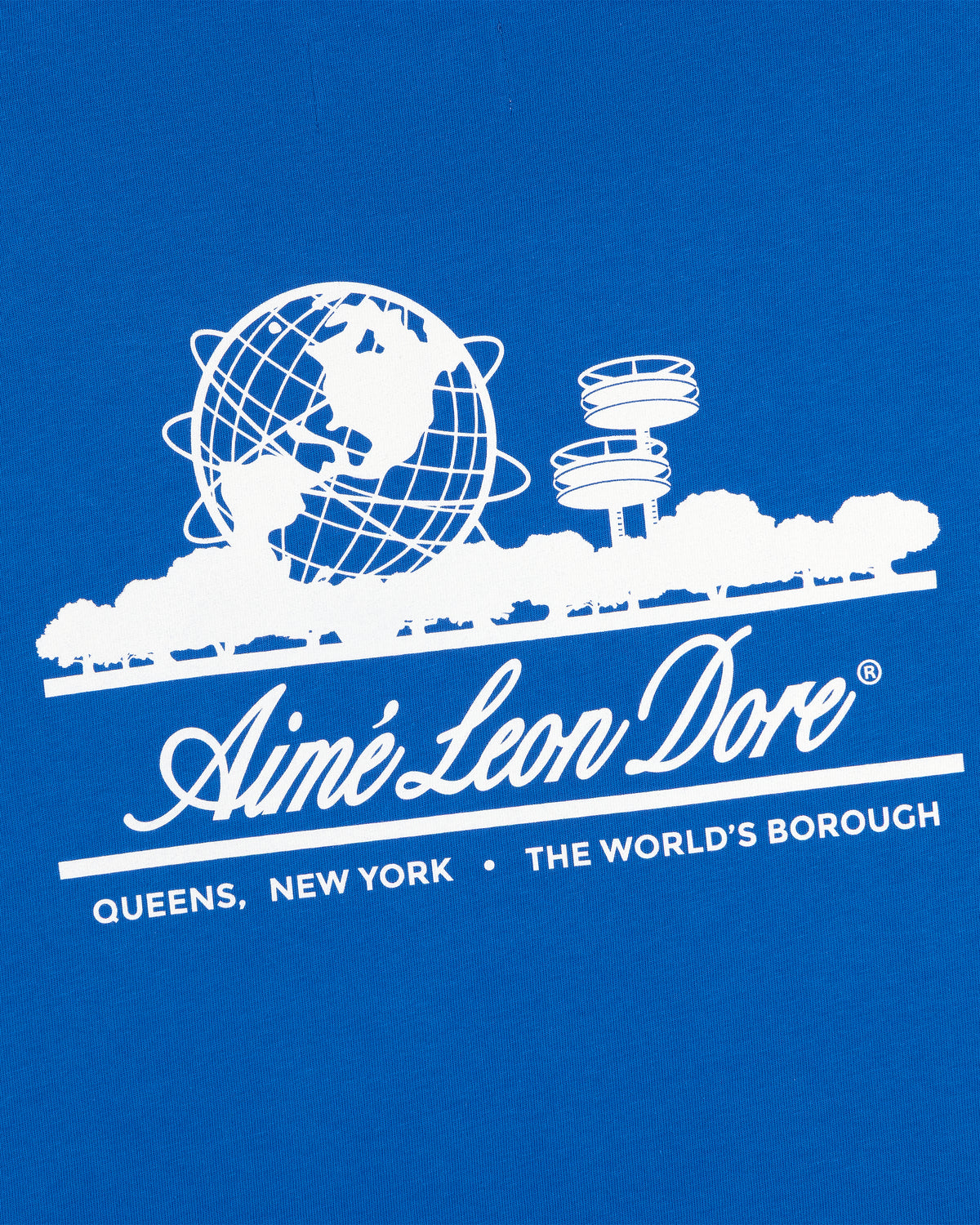 White graphic of globe, towers & trees with “Aimé Leon Dore” on blue ALD / LA Dodgers Unisphere Tee.