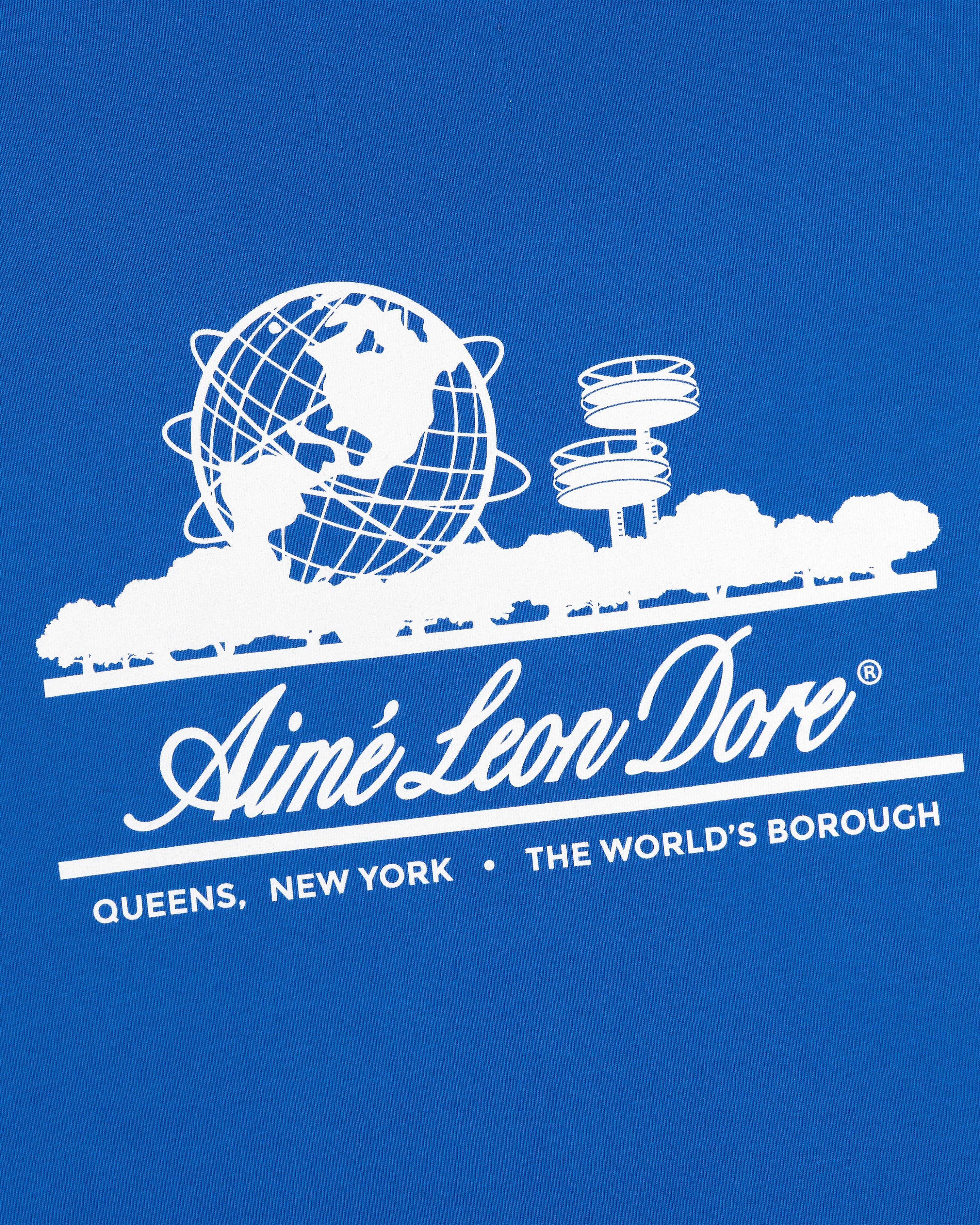 White graphic of globe, towers & trees with “Aimé Leon Dore” on blue ALD / LA Dodgers Unisphere Tee.