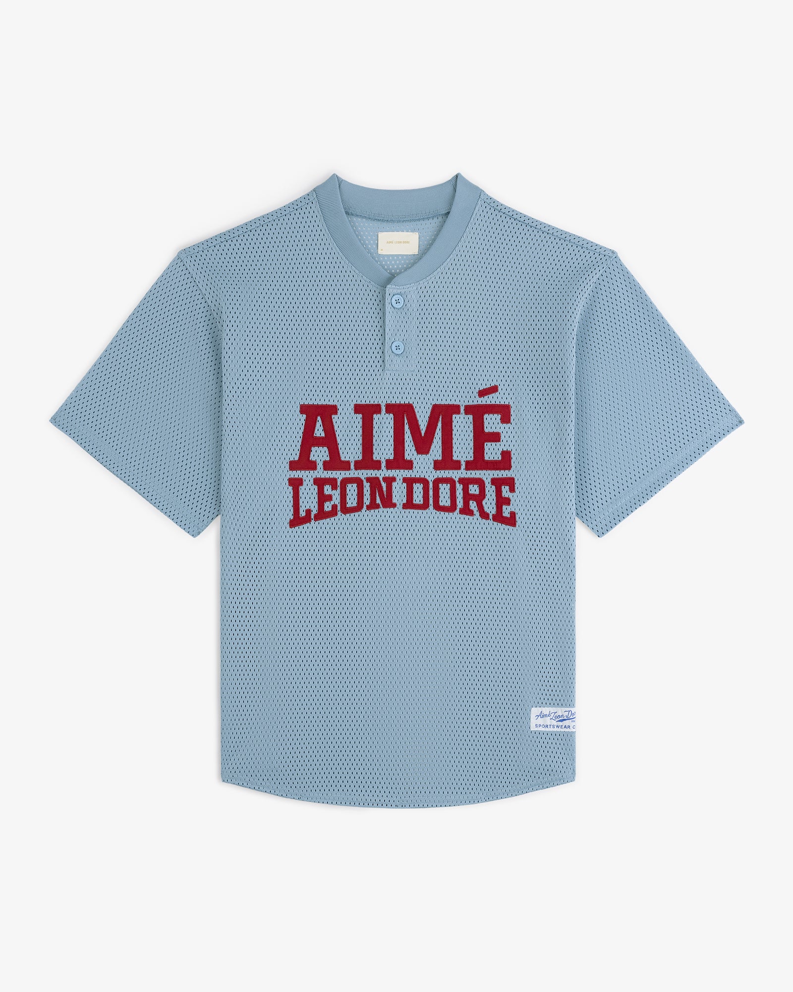 Light blue Mesh Batting Practice Jersey with short sleeves and bold red AIMÉ LEON DORE lettering on the front.