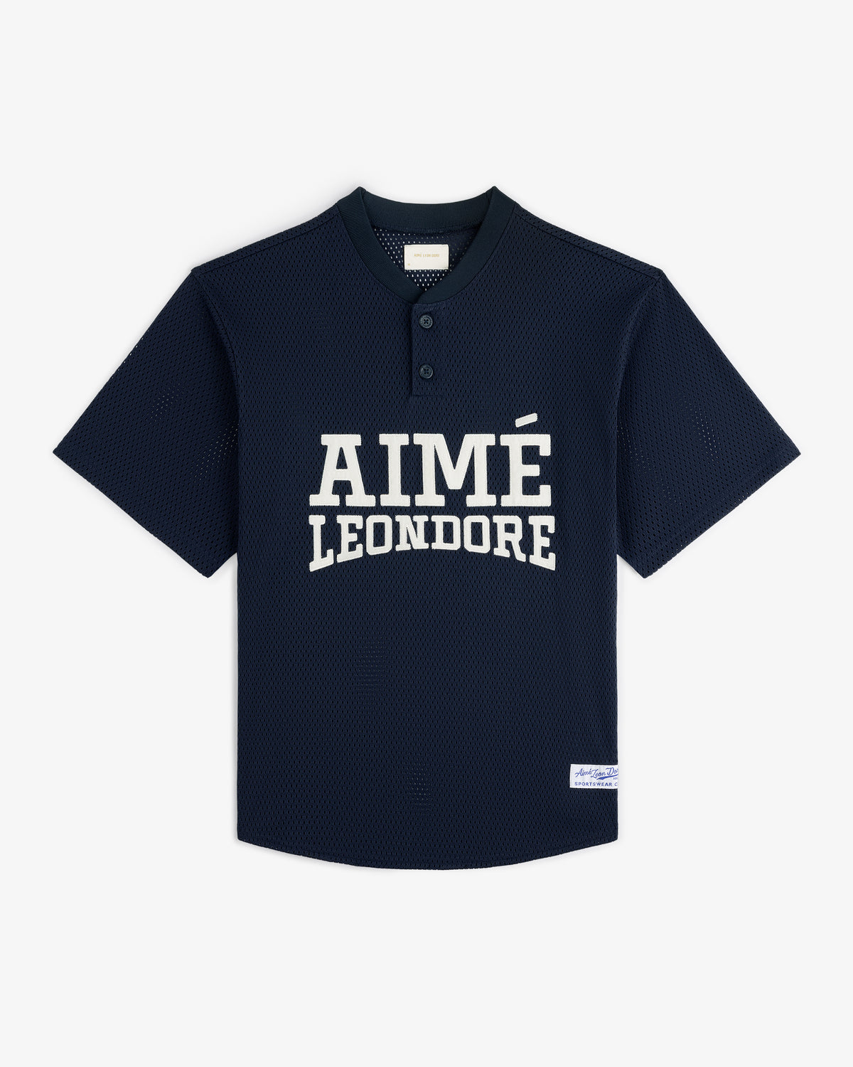 Navy blue Mesh Batting Practice Jersey with AIMÉ LEON DORE text on front and a white tag near the bottom hem.