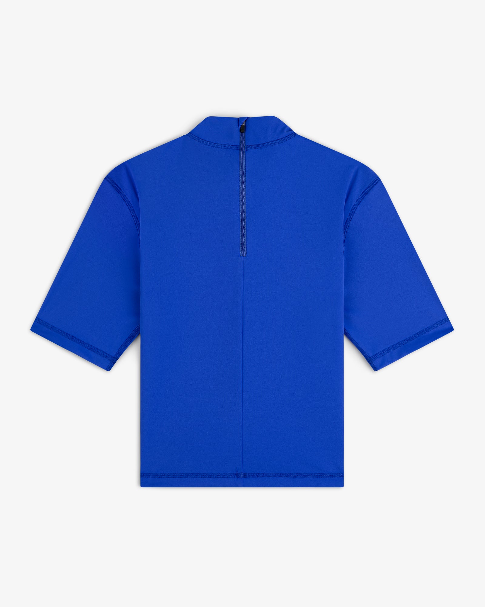 Bright blue Short Sleeve Crest Rash Guard with high collar and black zipper on the upper back.