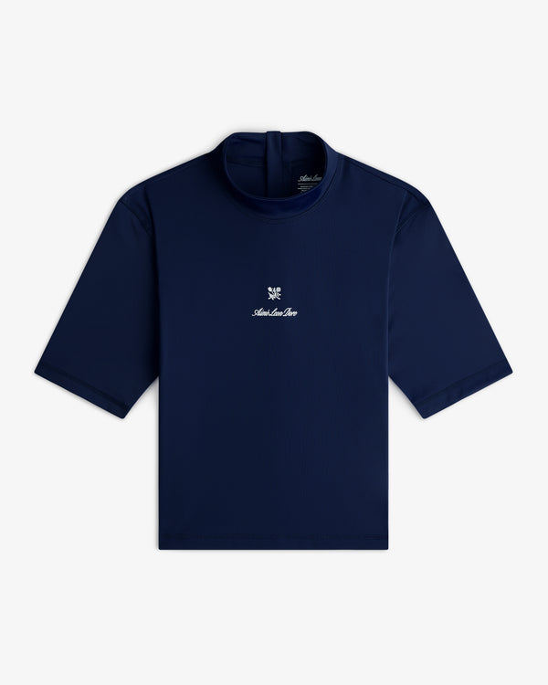 Navy Short Sleeve Crest Rash Guard with white chest logo, shown on a white background.