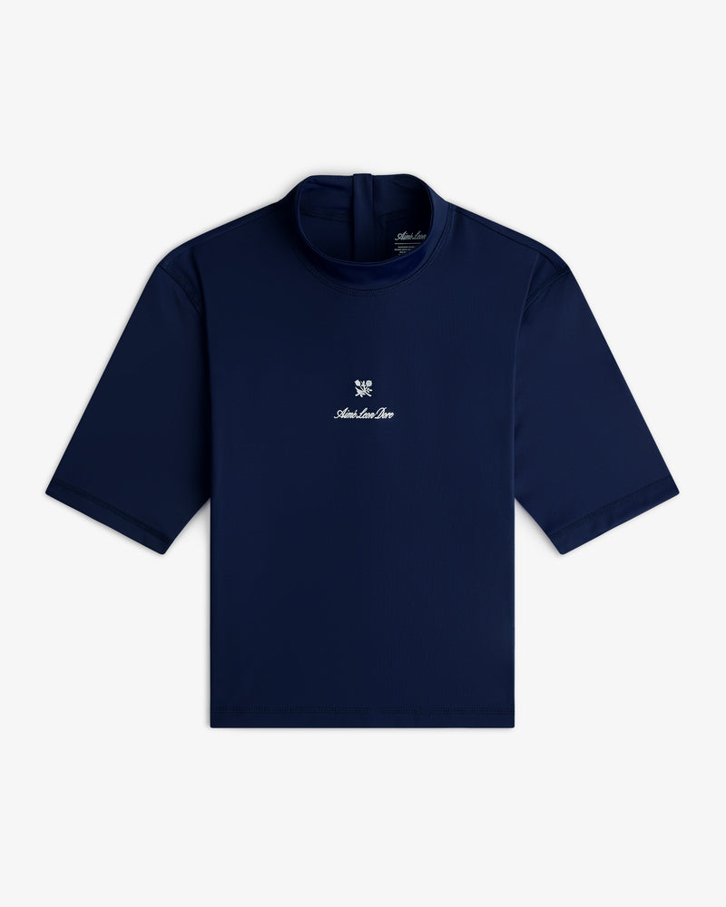 Navy Short Sleeve Crest Rash Guard with white chest logo, shown on a white background.