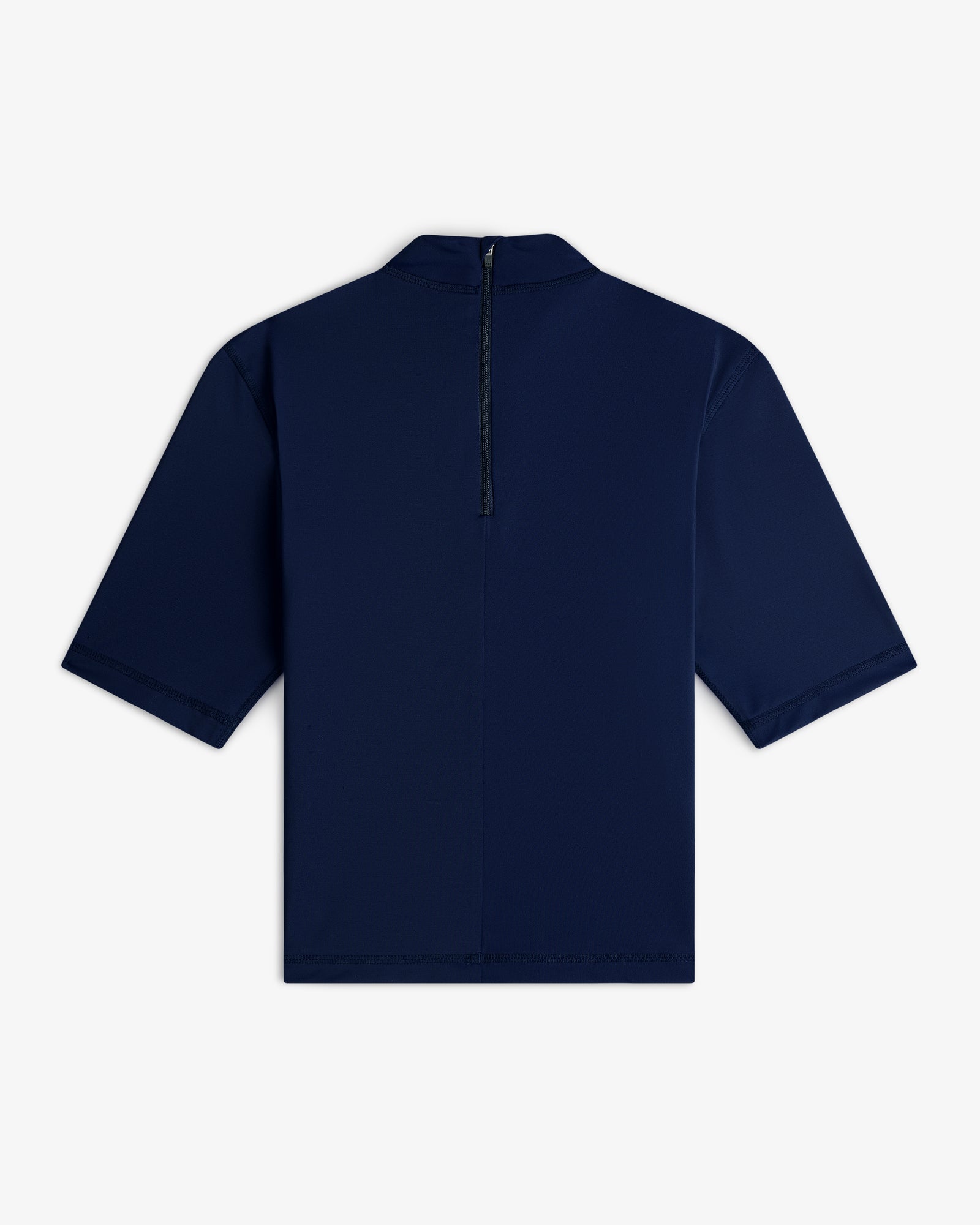 Short Sleeve Crest Rash Guard in navy blue with a black back zipper, shown on a white background.