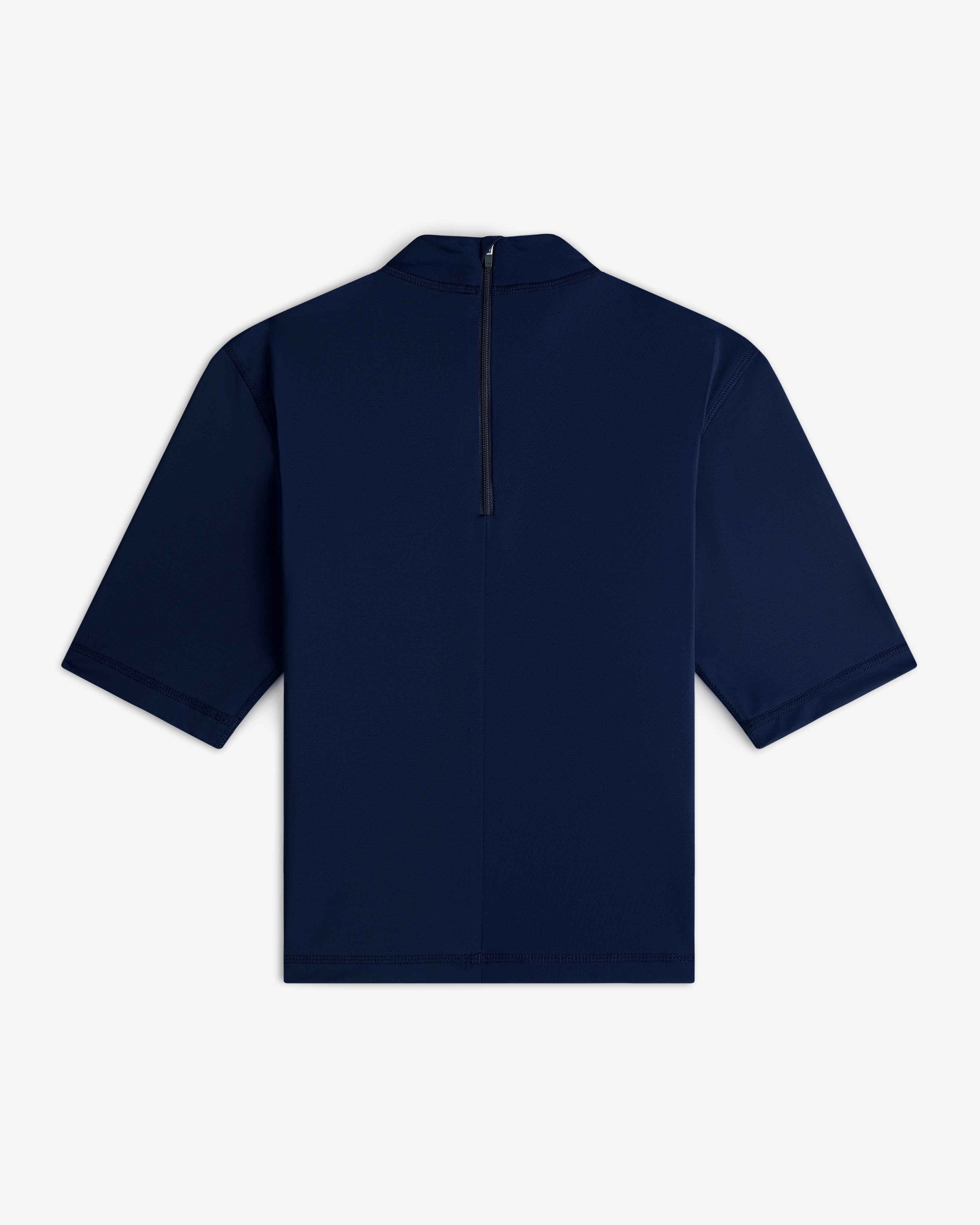 Short Sleeve Crest Rash Guard in navy blue with a black back zipper, shown on a white background.