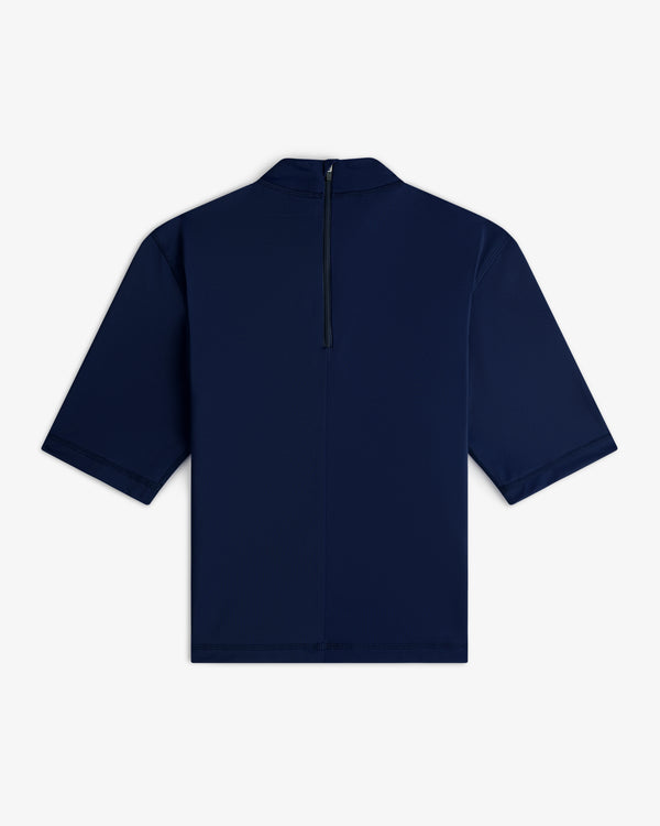 Short Sleeve Crest Rash Guard in navy blue with a black back zipper, shown on a white background.