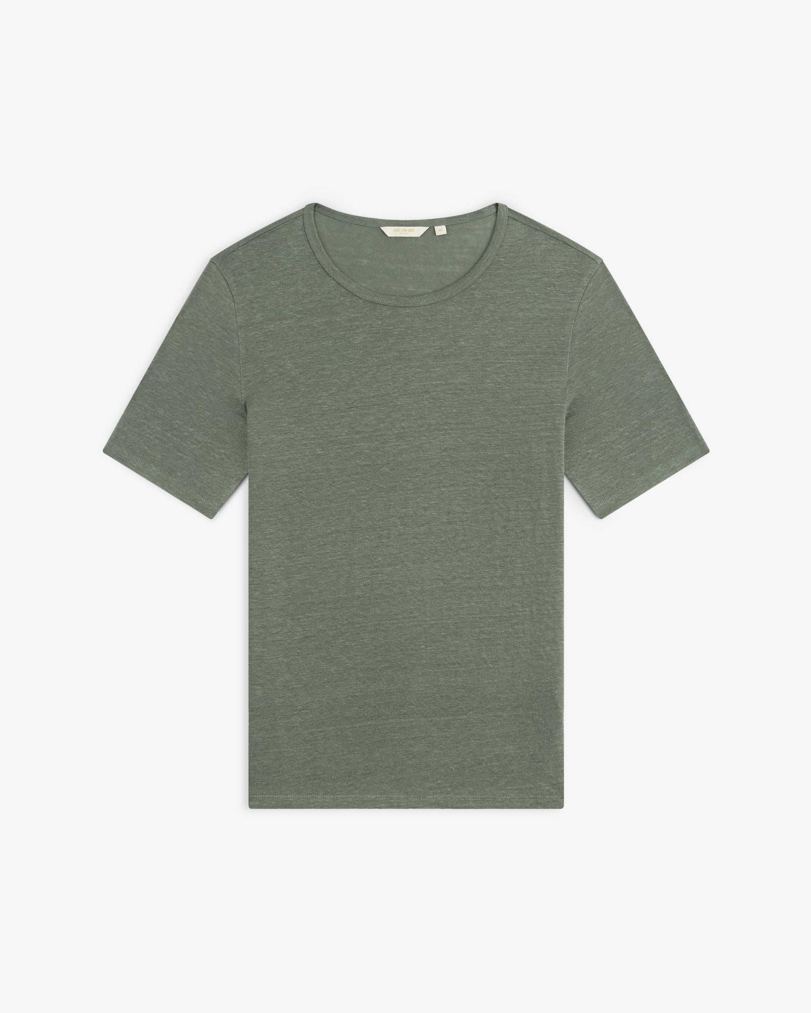 Flat lay of a Linen Tee—plain, short-sleeve, heathered green with a crew neckline on a white background.