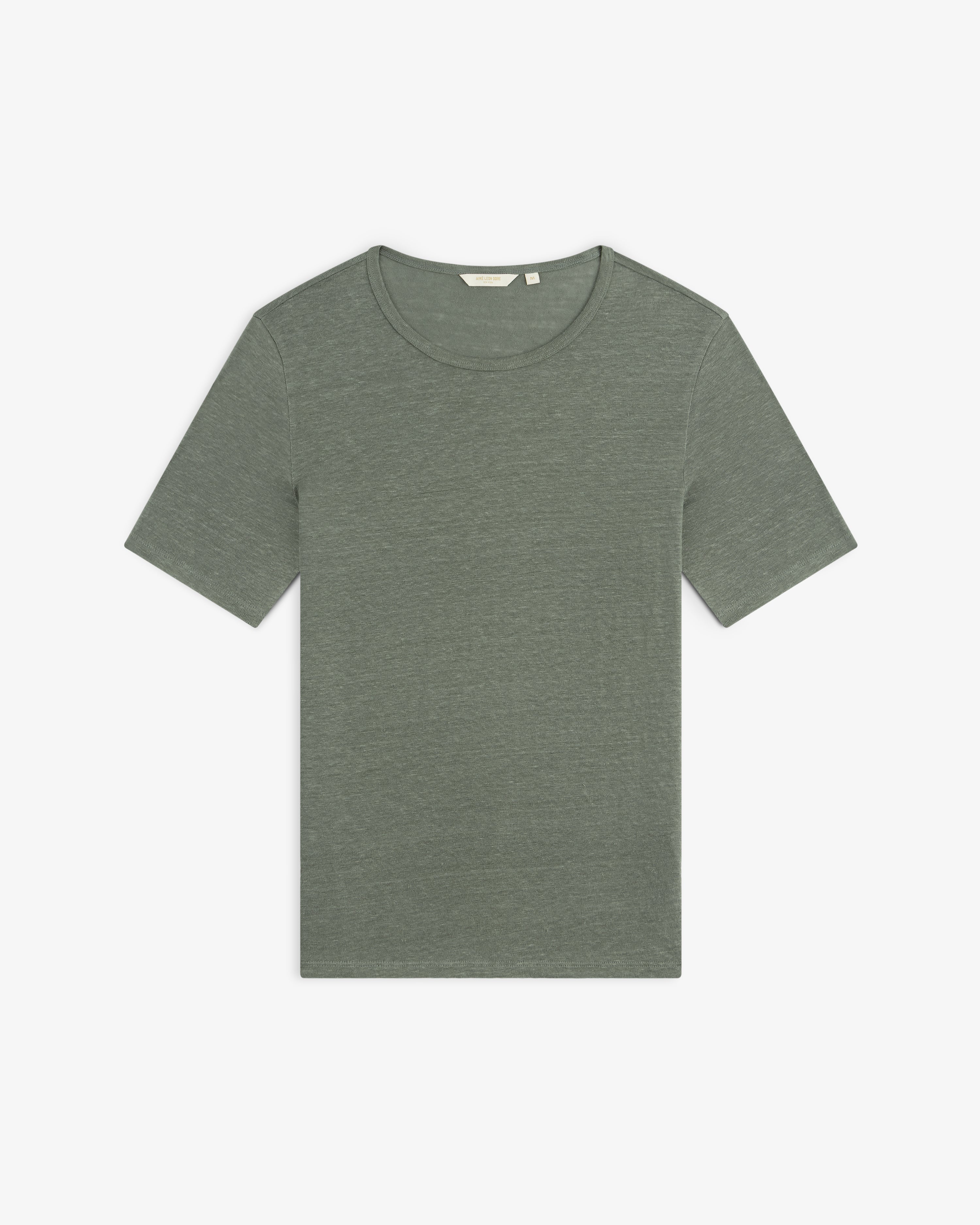 Flat lay of a Linen Tee—plain, short-sleeve, heathered green with a crew neckline on a white background.
