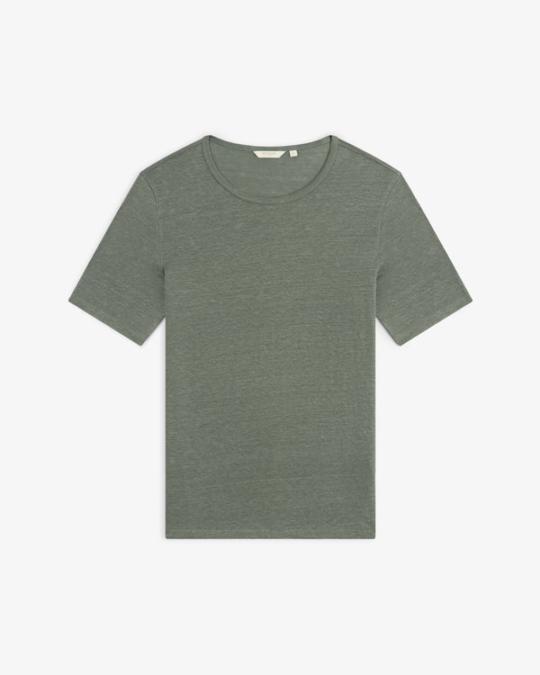 Flat lay of a Linen Tee—plain, short-sleeve, heathered green with a crew neckline on a white background.