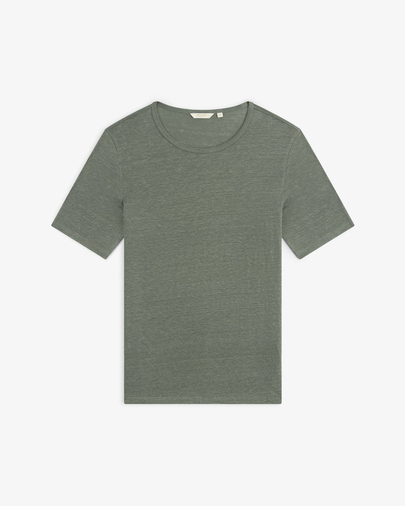Flat lay of a Linen Tee—plain, short-sleeve, heathered green with a crew neckline on a white background.