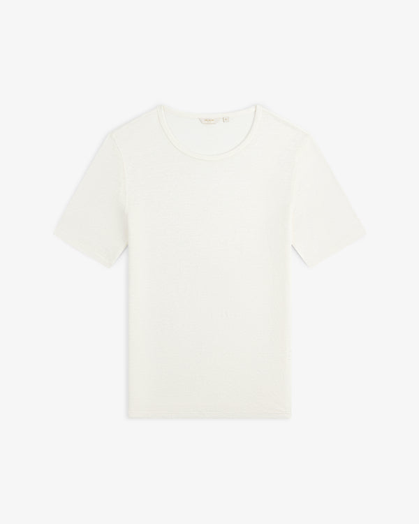 The Linen Tee, a plain white short-sleeve crew neck, is laid flat on a white background.
