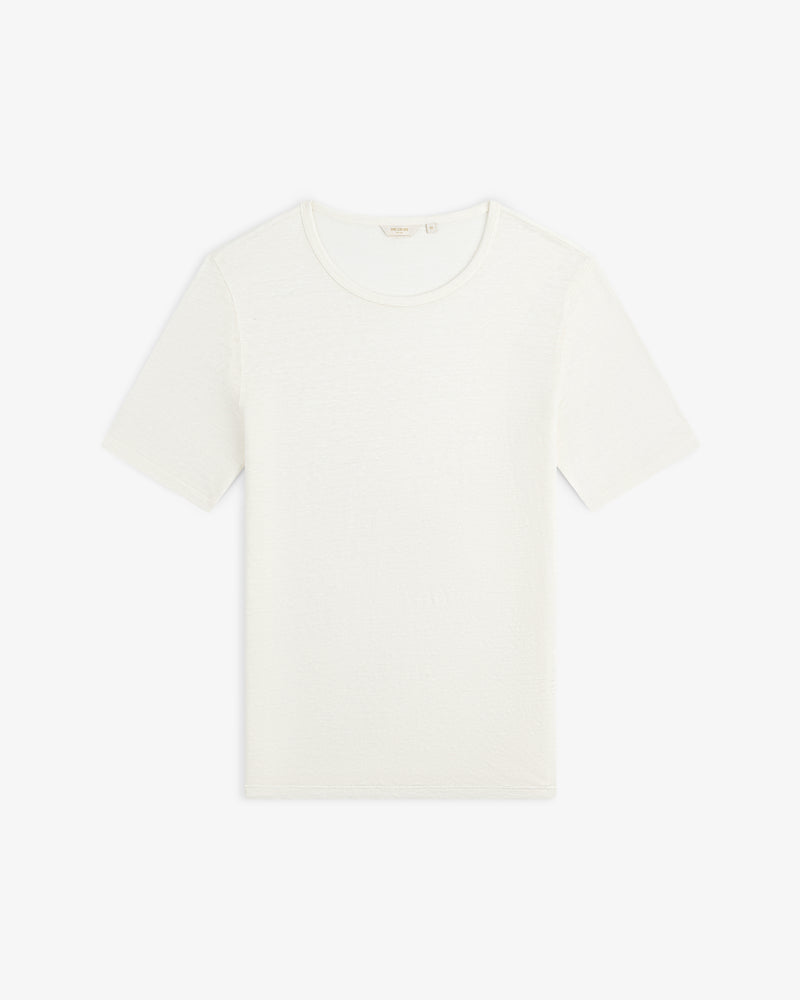 The Linen Tee, a plain white short-sleeve crew neck, is laid flat on a white background.