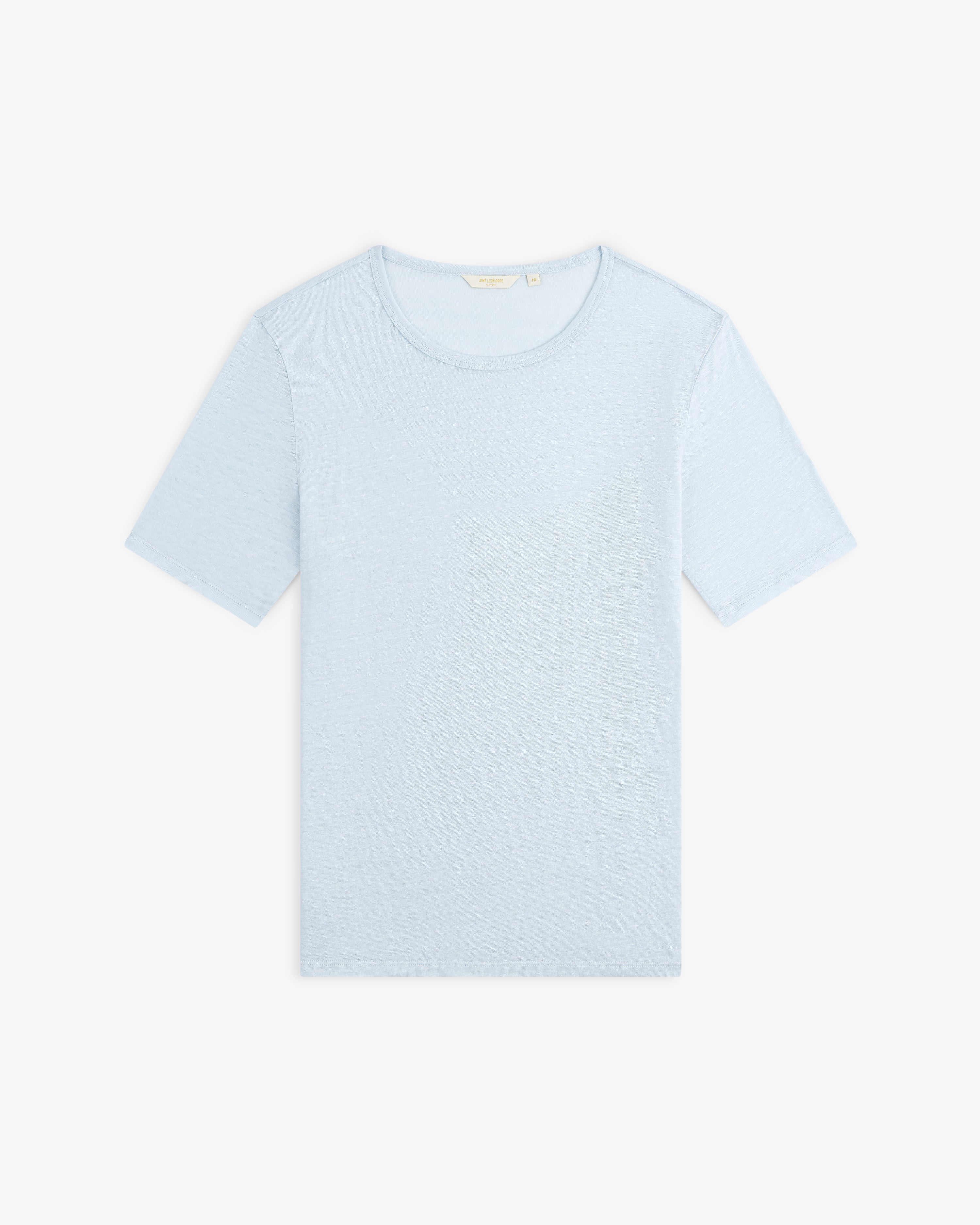 Light blue Linen Tee with short sleeves and crew neck, laid flat on a white background.