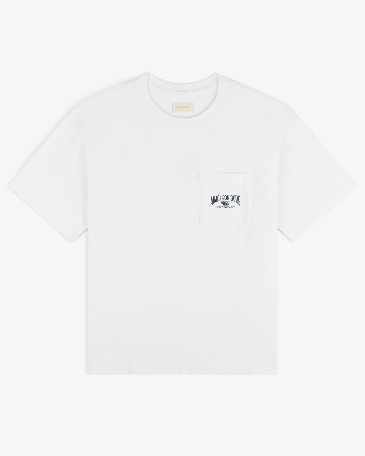 Neighborhood Pocket Tee—white short-sleeve shirt with chest pocket and small black text above the pocket.